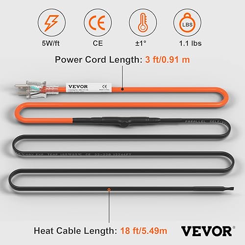 Miniatura 27 de VEVOR Cable de calefacción de tubería autorregulable, cinta térmica de 3 pies y 5 W/pies para protección contra congelación de tuberías, cable