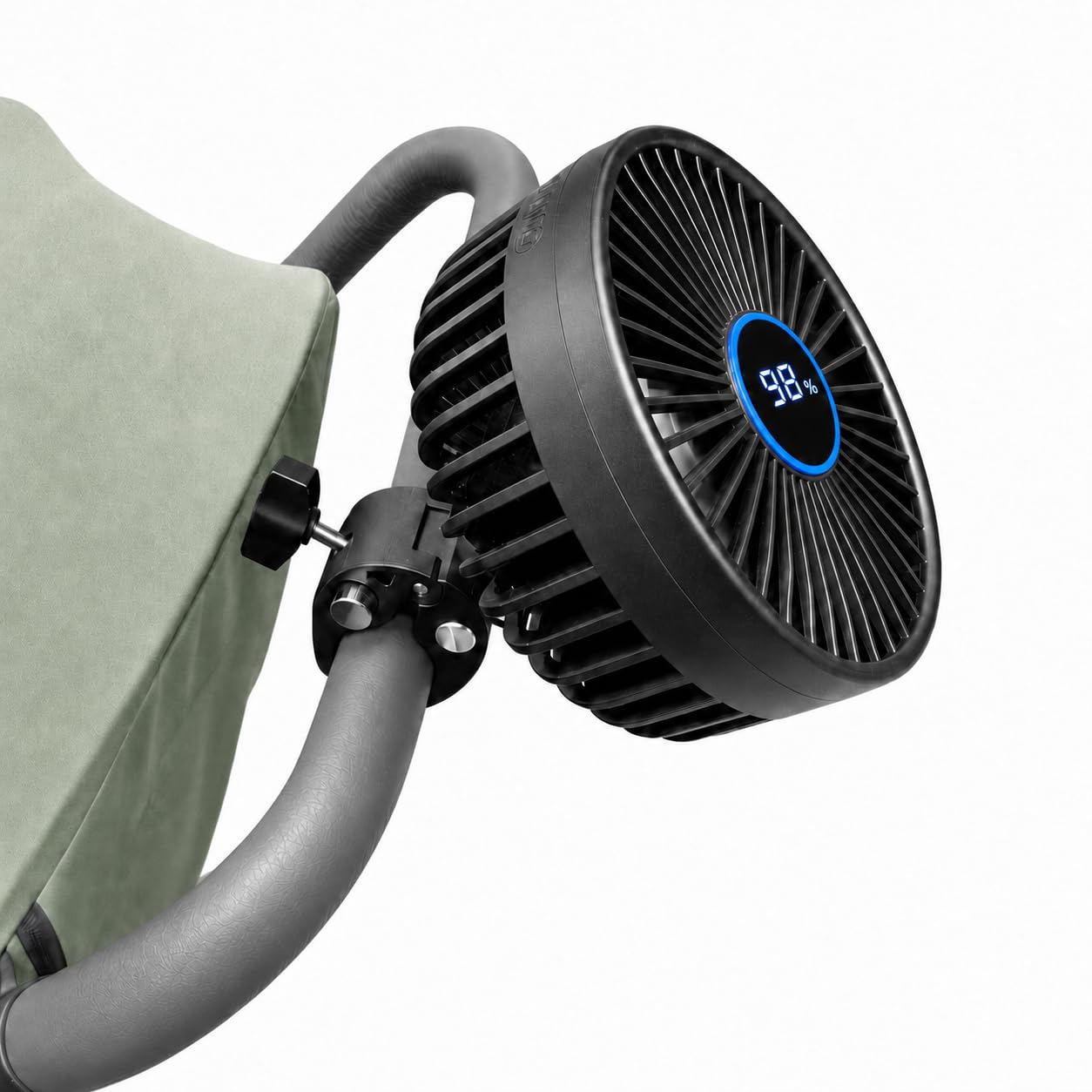 Stroller Fan for Parents with Locking Handlebar Clamp and Battery % Display