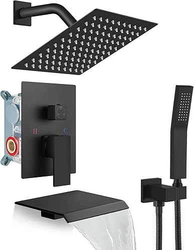 gotonovo Sistema de ducha negro mate, grifo de ducha de baño, montaje en pared, cabezal de ducha cuadrado de 8 pulgadas, cabezal de ducha de lluvia