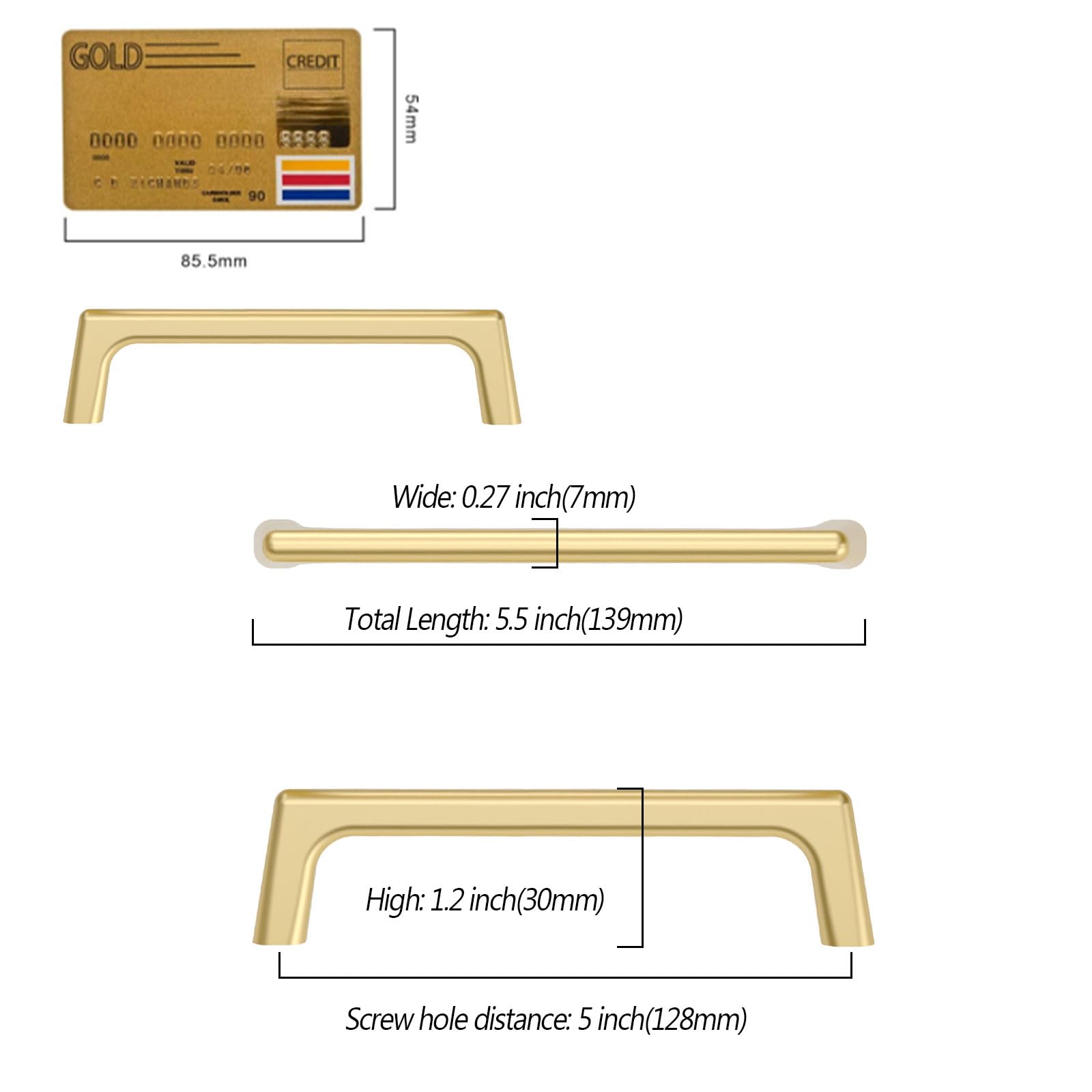 Amerdeco ZH0042 - Paquete de 10 tiradores dorados cepillados para armarios con orificio central de 5 pulgadas (128 mm), tiradores para armarios de cocina, herrajes y tiradores de cocina para armarios,