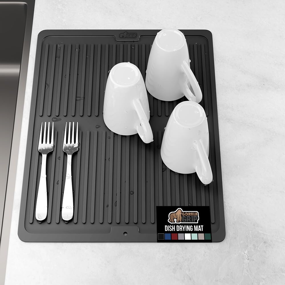 GORILLA GRIP 100% BPA-Free Patented Silicone Dish Drying Mat for Kitchen Counter, Water Catching Ribbed Design, Easy Clean Waterproof Sink Liner, Heat