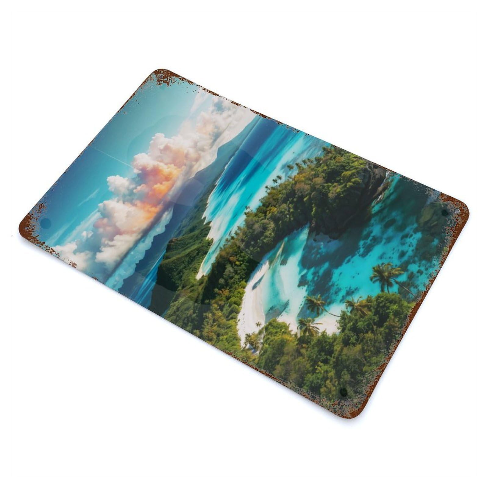 View of A Tropical Island Distressed Metal Wall Sign 11.8"x7.9", Ideal for Garage, Bar And Workshop Decor
