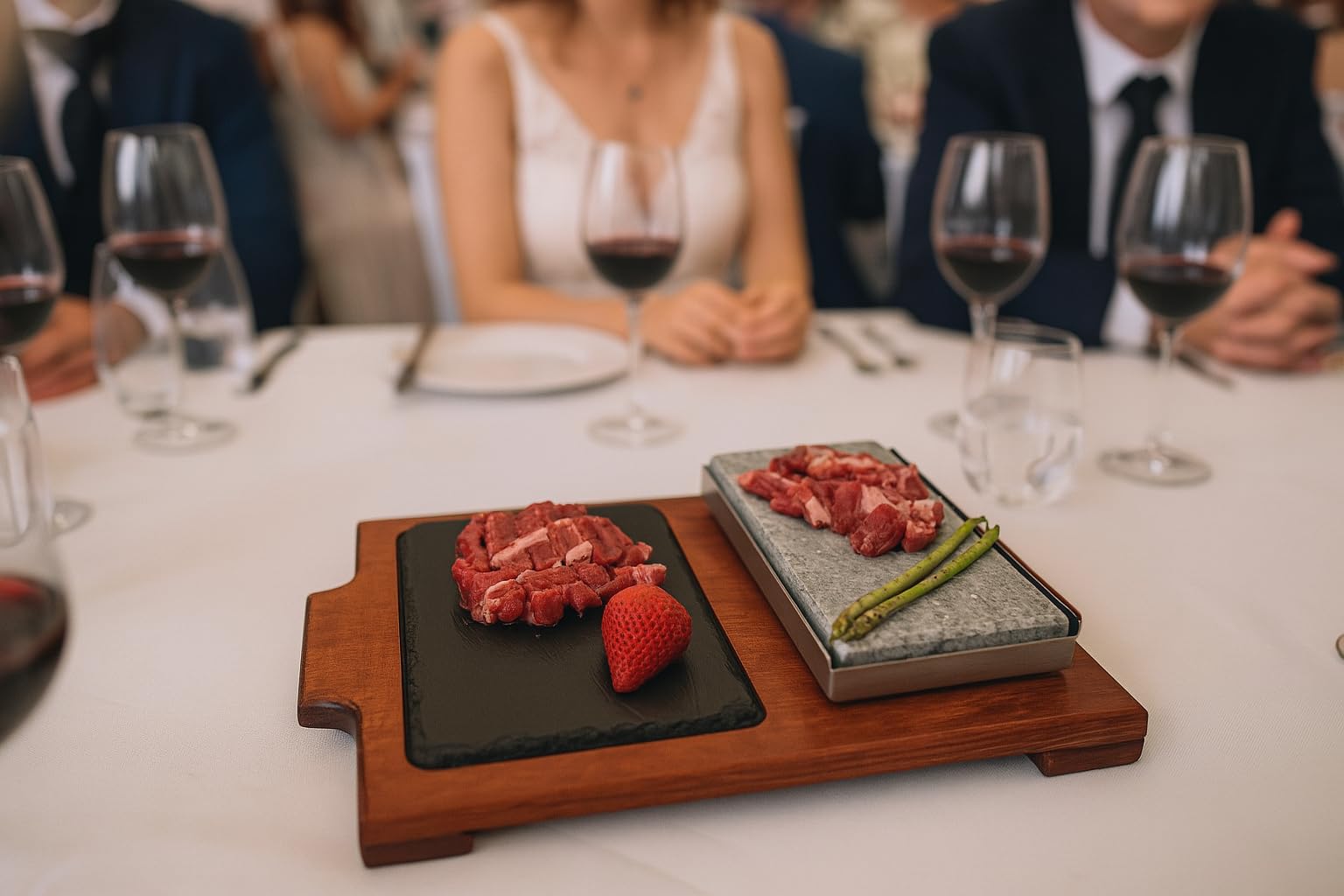 Piedra para asar carne de 10x20 cm Modelo Menú caoba con Plato de Pizarra de 13x20