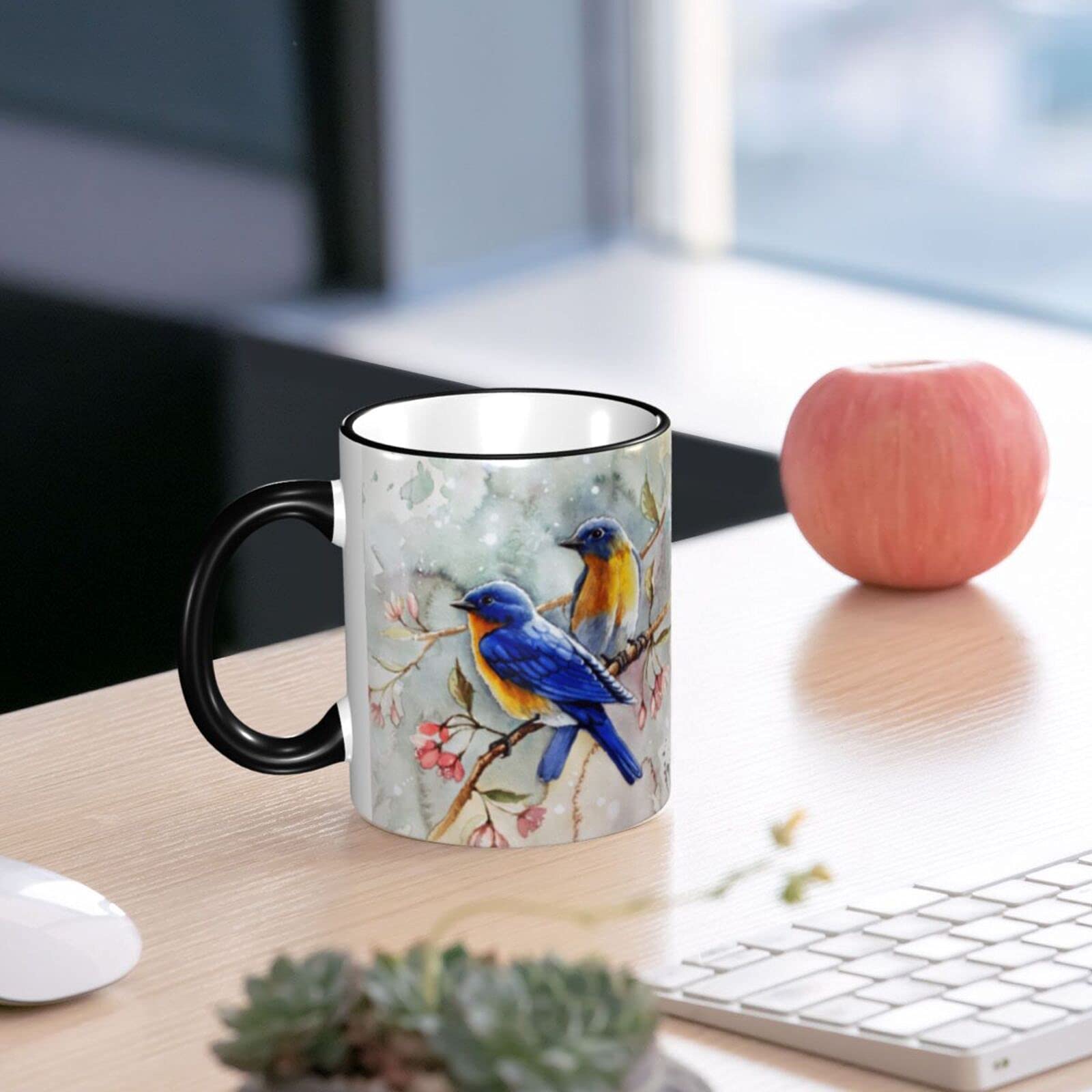 Bluebird Keramik-Kaffeetasse 325 Ml – Wasserfarben Design, Mikrowellengeeignet, Mit Großem Griff