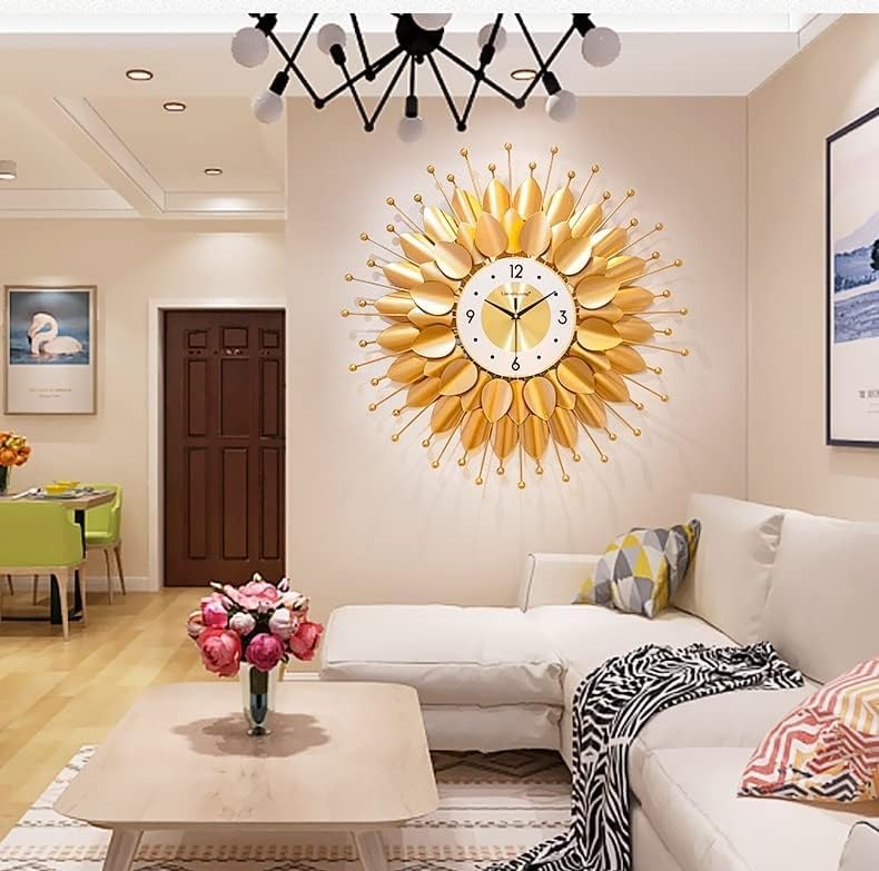 Image of European Style Luxury Living Room Analog Silent Creative Personality Metal Large Clock Sunflower Simple Modern Art Wall Decorative Clock (Petal Sun Clock 70x70cm)