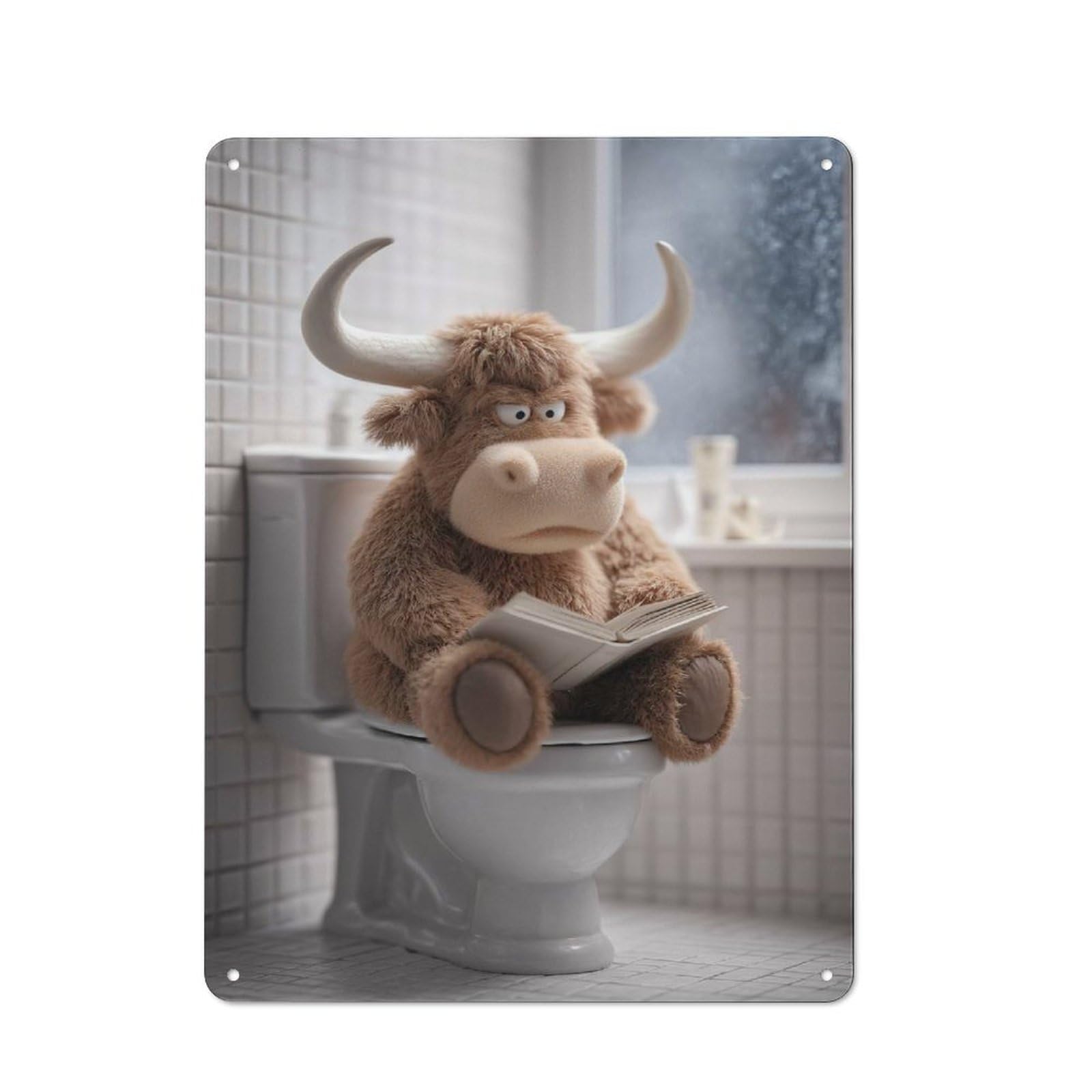 Junmoney Style-17 Plush Highland Cow Reading On Toilet Tin Sign 40X30cm, Modern Vintage Creative Space Decor For Hobby Room, Office, Lounge Or Living Room