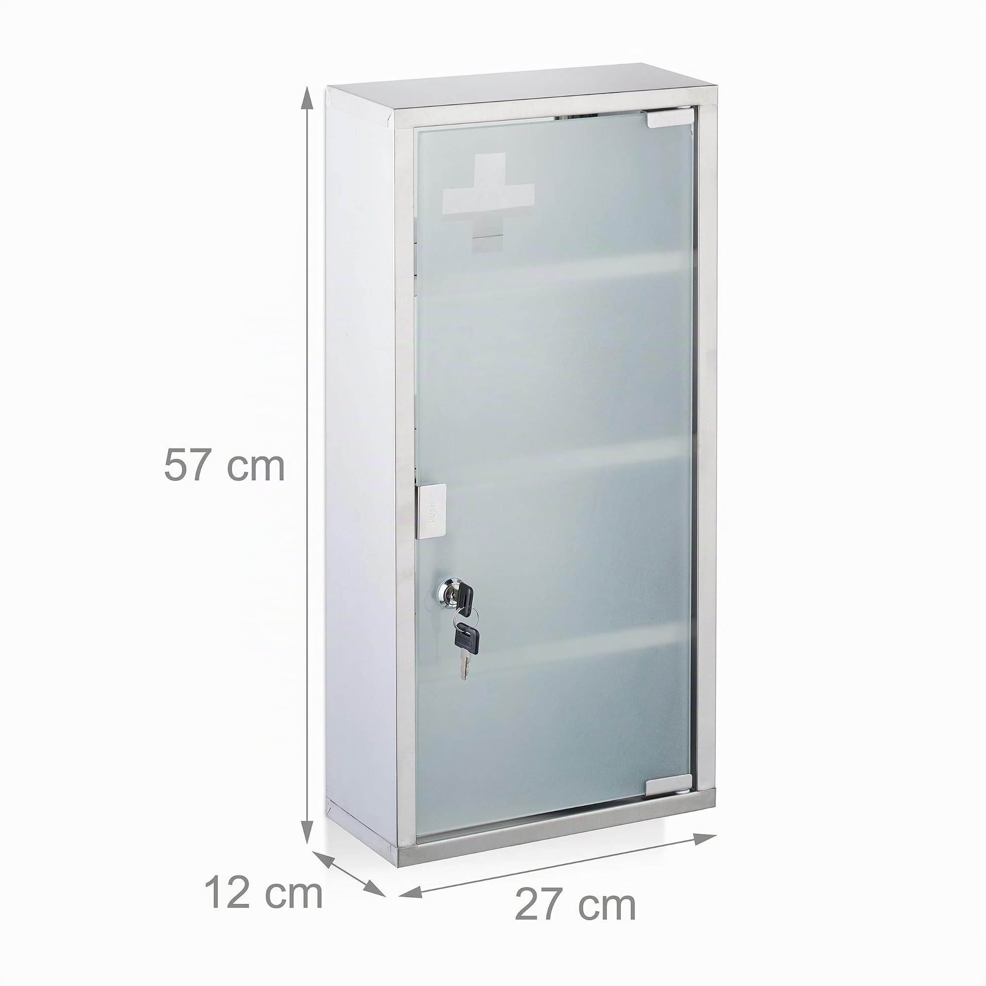 Relaxdays Armadietto Pronto Soccorso per Medicinali, Cassetta Farmaci a Chiave, 57x27x12 cm, Vetro e Acciaio, Argentato