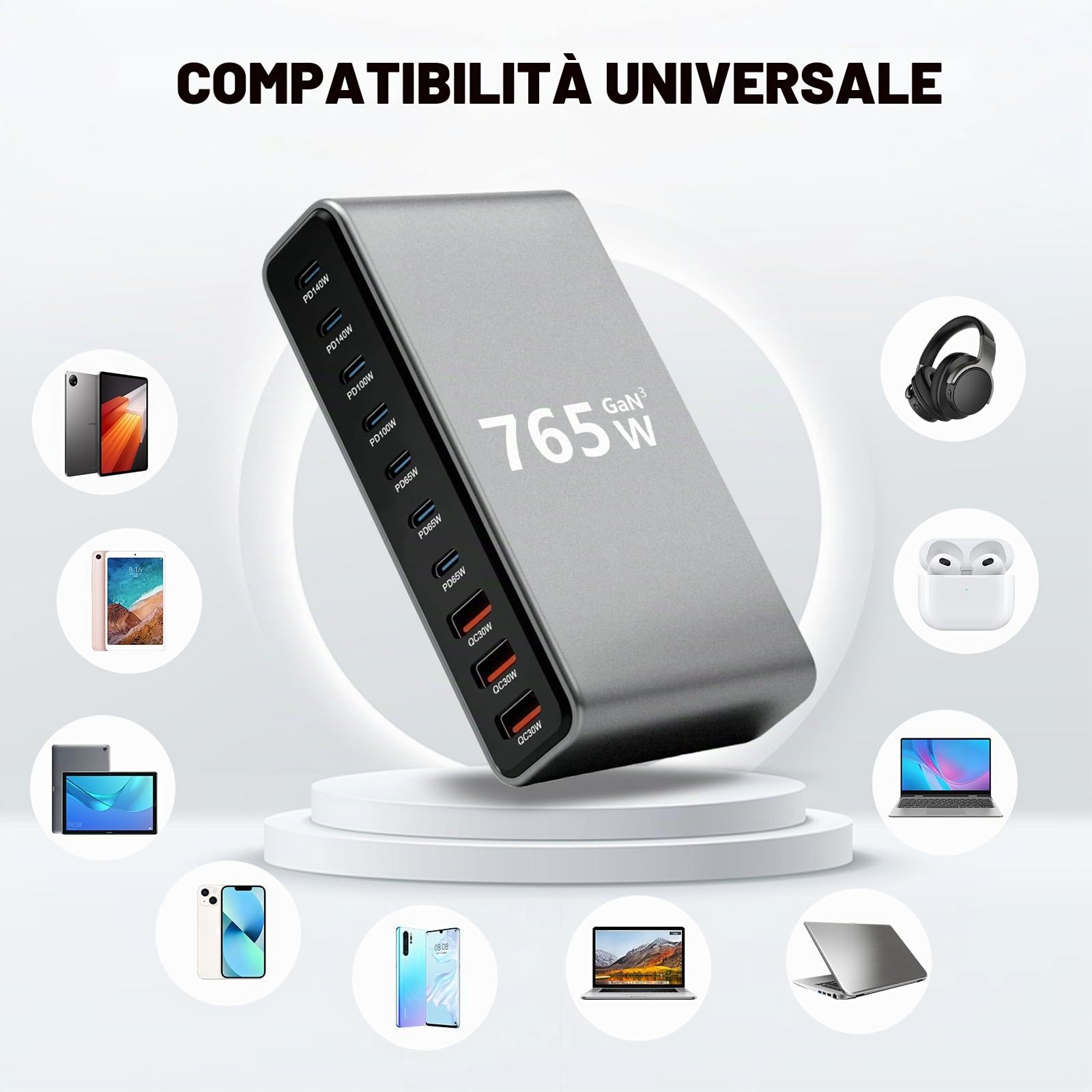 765W Caricatore USB Multiplo - 10 Porte (7 USB-C + 3 USB-A) con Ricarica Rapida, Stazione di Ricarica Compatta per Multi Dispositivi, Compatibile con MacBook, iPad, iPhone 16/15/14, Galaxy S22/S20