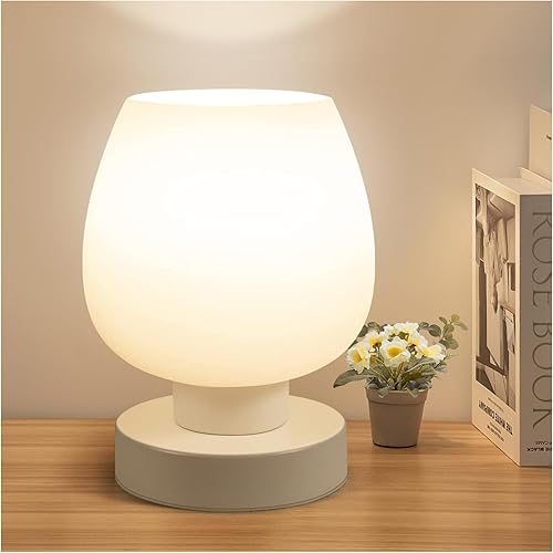 ONEWISH Small Bedside Lamp for Bedroom, 3-Way Dimmable Touch Control, 600 Lumen Bright Opal Glass Shade, 7.5 Inch Ultra Compact Nightstand Lamp, Warm White 2700K LED Bulb Included, Modern Design