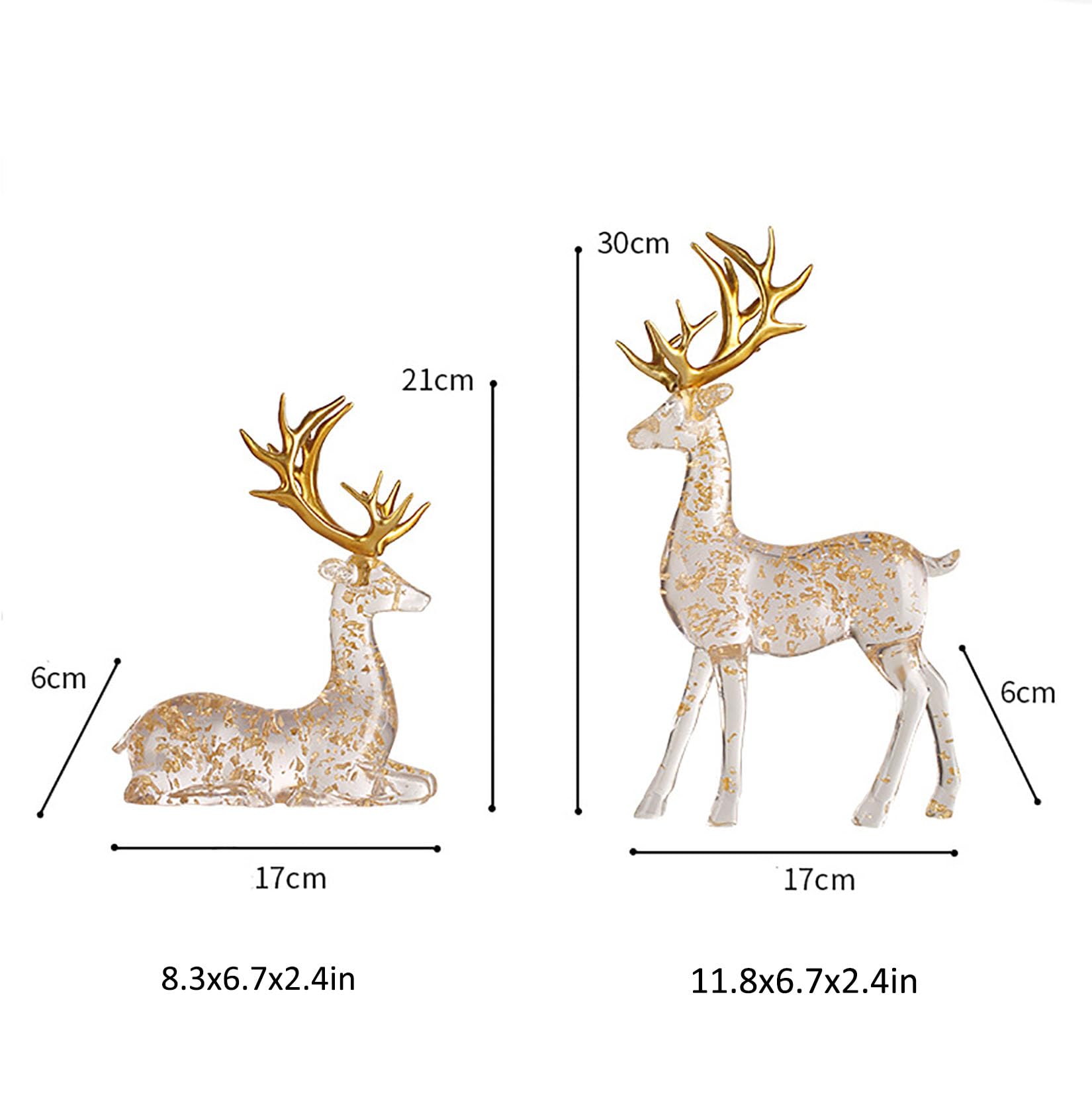 2pcs Cerf Figurines de Noël Dorées Décoration, Luxe Sculptures en Résine et Cristal Cadeau de Noël Décor d'intérieur,Clear