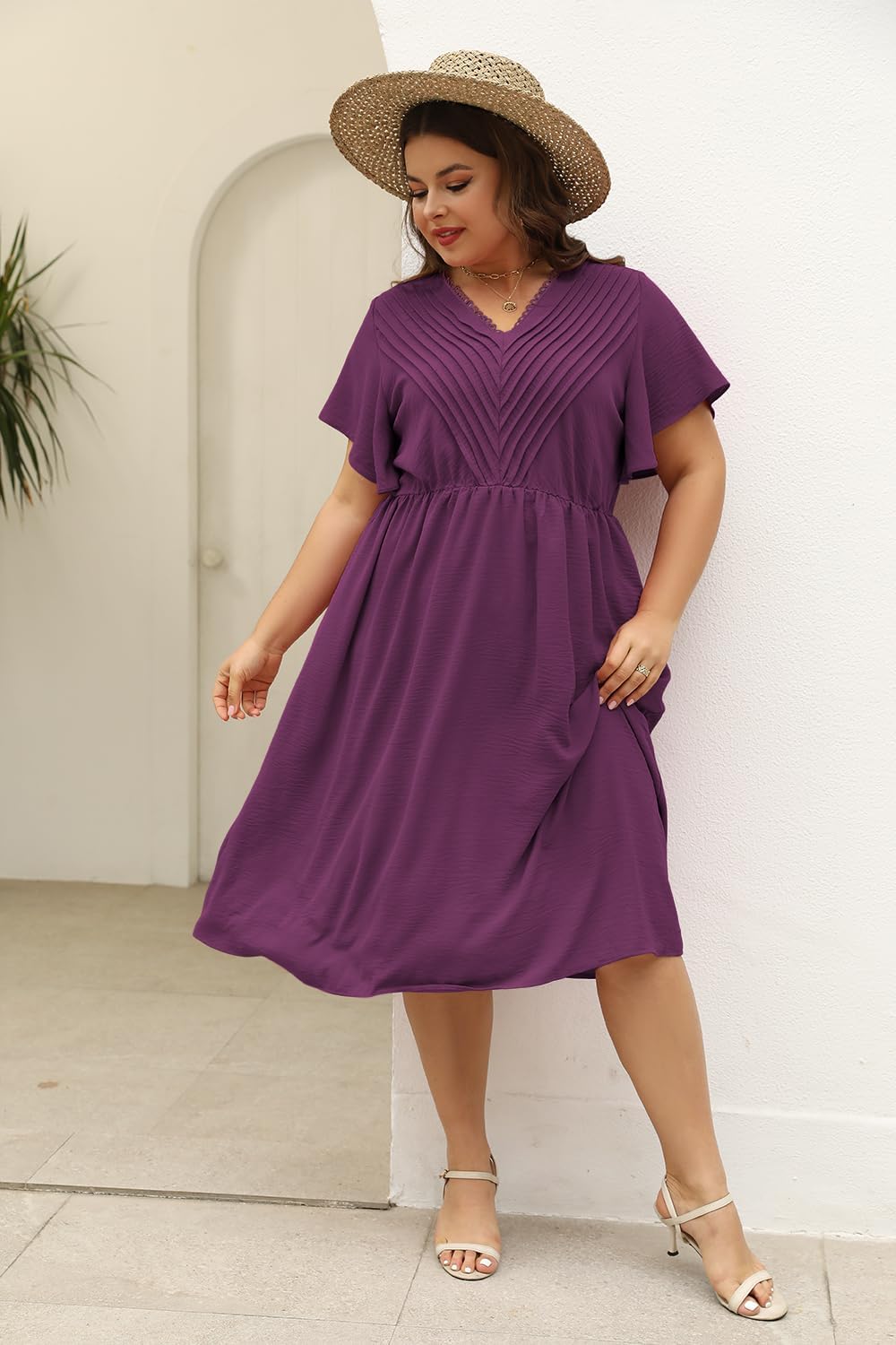 Keluummi Kelumi Plus Size Dresses for Curvy Women, Summer Casual Midi Dress with Empire Waist and Pocket (16 Plus, Navy Blue) - Image 2