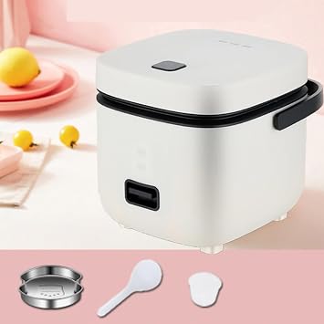 Rice Cooker And Steamer 2 Person, Mini Rice Cooker Microwave Electric Multi Cooker 2 Cup, with Steamer Keep Warm Functionality,White