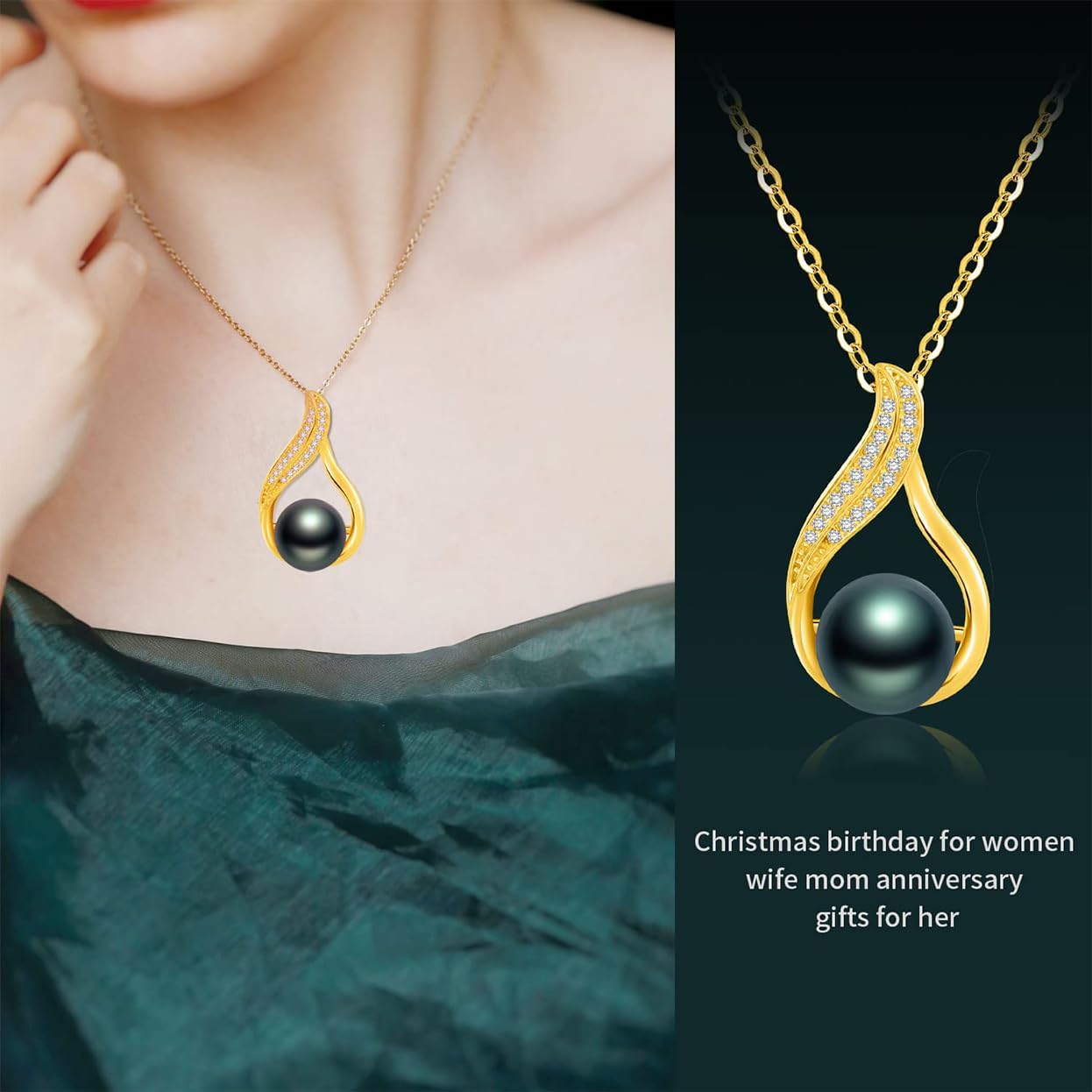 Gifts for Women-Tahitian-Black-Pearl-Necklace-Gift for Wife Wedding Birthday Anniversary-Mom Girlfriend Her Mothers Day Valentines Day Christmas-18K Gold Plated Sterling Silver Pearl Pendant NO039 - Image 2