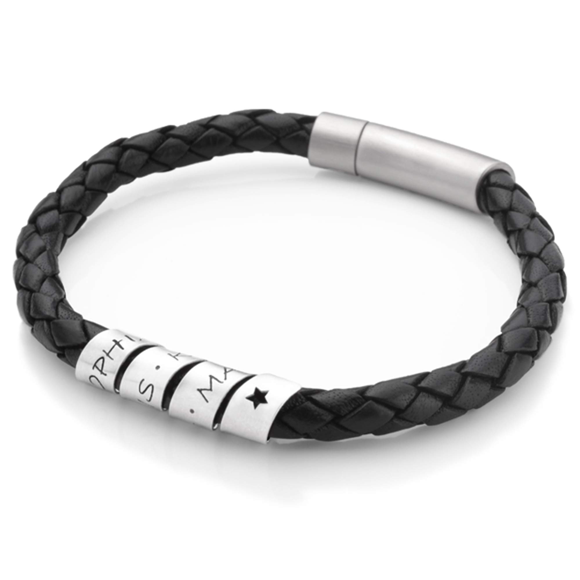 Herren Armband Männer Gravur Leder Silber LOOP MEN STAR Black Lederarmband Wunschtext personalisiert