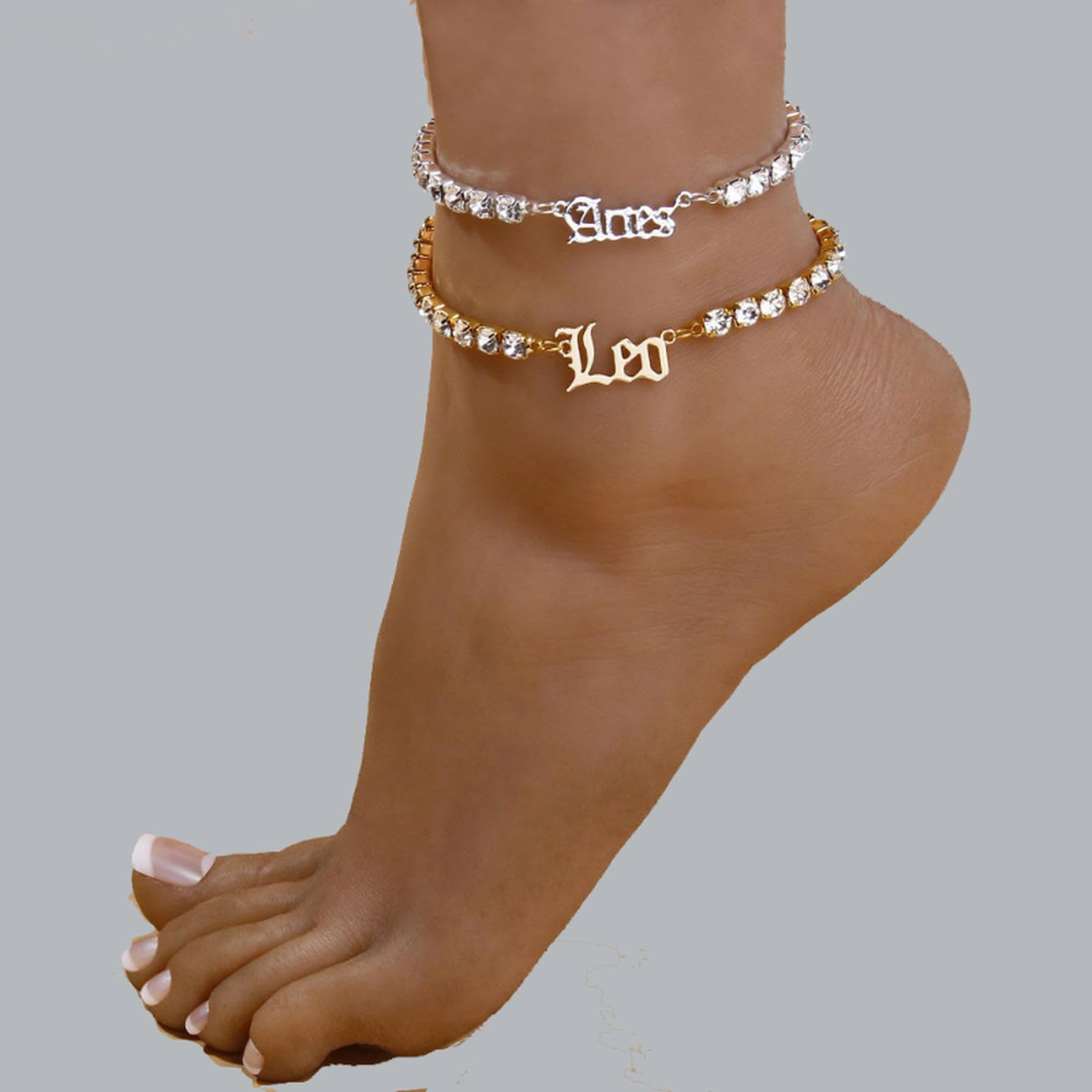 Tobillera de acero inoxidable con constelación for mujer, con letras de diamantes de imitación en inglés, circonita, joyería de playa.,Tobilleras
