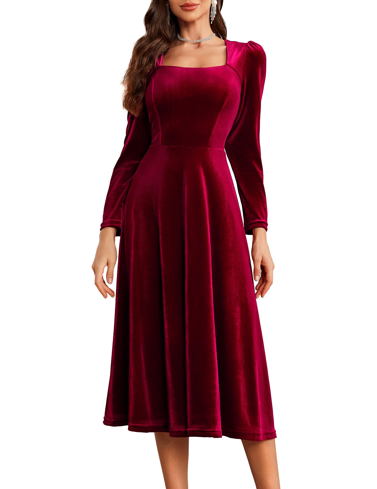 Berylove Vestido Largo de Terciopelo para Mujer, Cuello Cuadrado, cóctel, Fiesta, Formal, para Dama de Honor