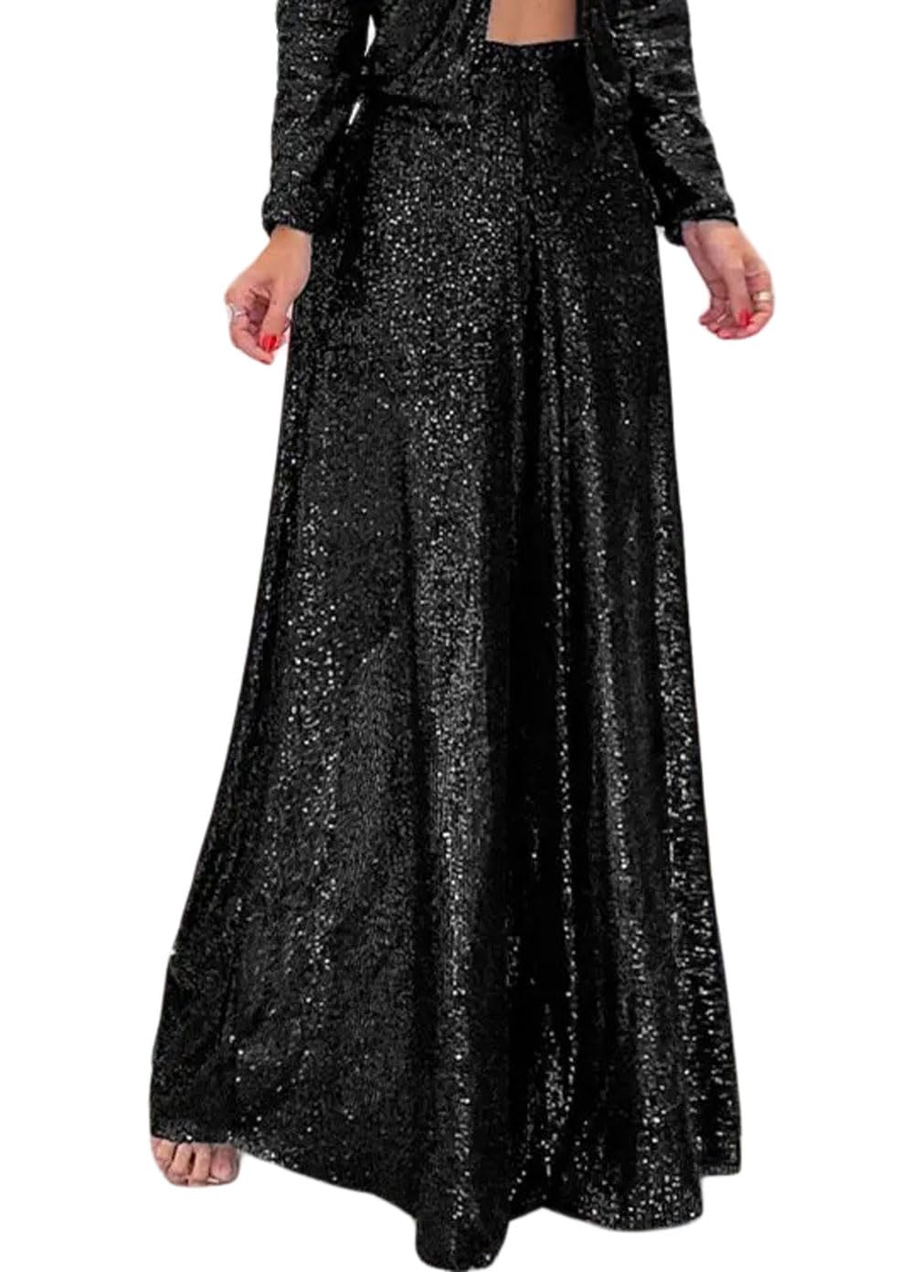GGUHHU Womens Shiny Sequin Wide Leg Pants High Waist Pleated Long Palazzo Trousers