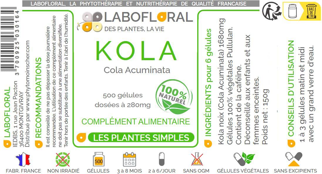 Kola noix Labofloral 500 gélules dosées à 280 mg - Complément alimentaire - Toniqu, fatigue, brûle-graisse- minceur - Fabriqué en france