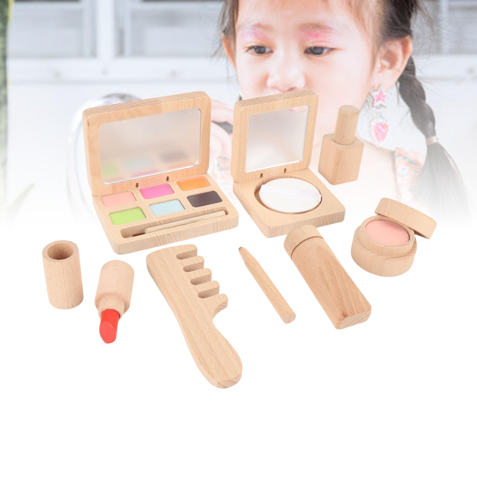 Topiky Set di Giocattoli per il Trucco in Legno per Ragazze - Kit di Cosmetici per Giochi di Finzione in Legno Premium con Rossetto, Smalto per Unghie, Fard, Tavolozza di Ombretti, Giocattoli per