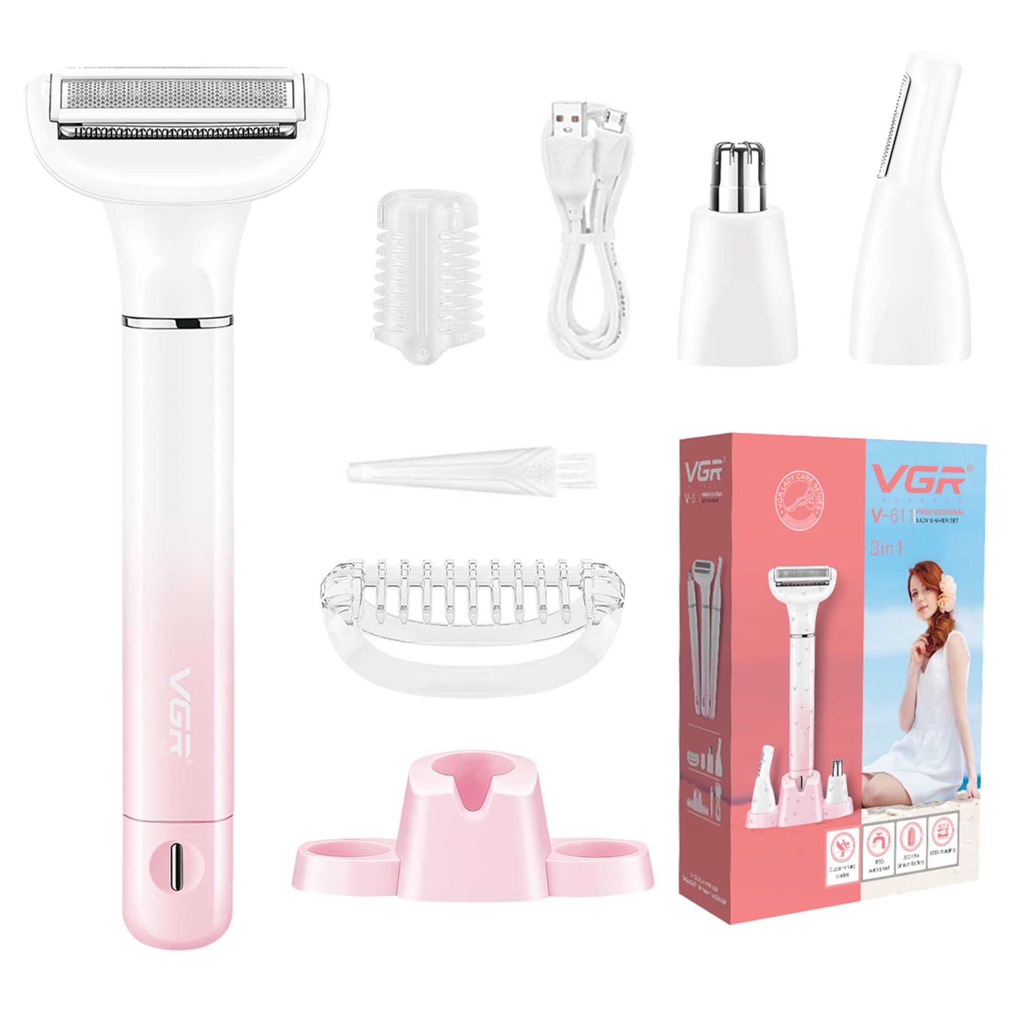 VGR 611 - Rasoio elettrico da donna 3 in 1, senza fili | Rasoio per peli del naso e del viso, ricaricabile, depilazione delicata per gambe, ascelle, bikini e viso