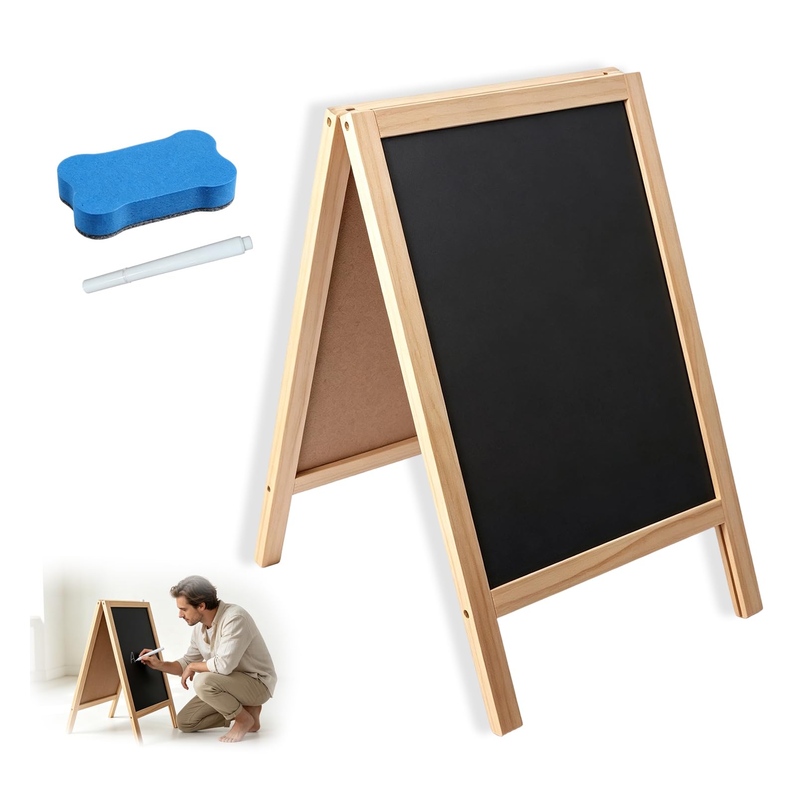3 PCS Chalkboard Set, with Large 250x400mm Chalkboard Display Board, Blue Eraser, and Liquid Chalk Marker, Natural Wood Frame, Outdoor Menu Display, Event Signage, Educational Teaching Boards