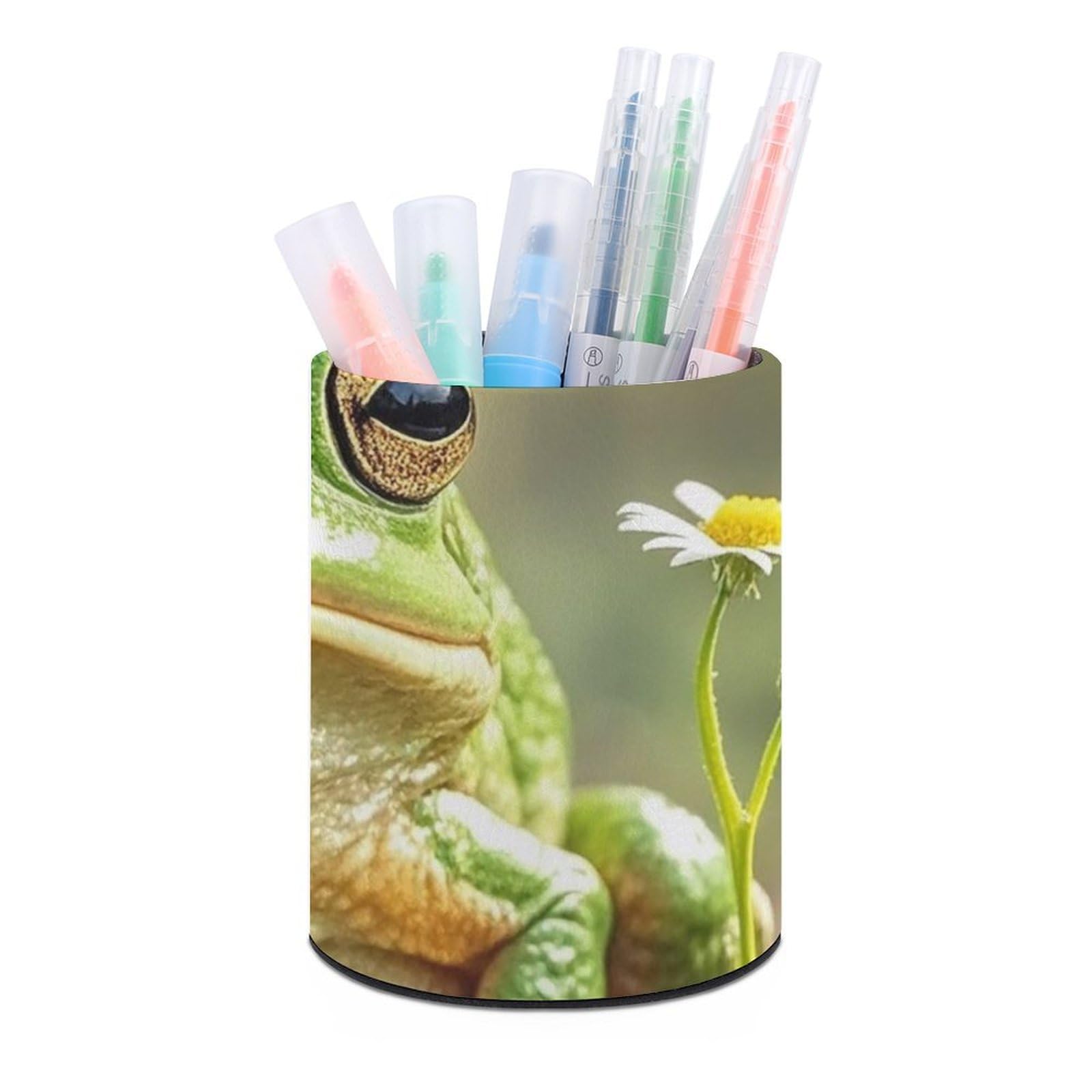 FekiLoot PU Leather Round Pen Holder Cute Frog Pencil Holder Desk Organizer Pen Organizer Pen Cup Pencil Cup Caddy Desktop Stationery Organizers for Office Home Supplies