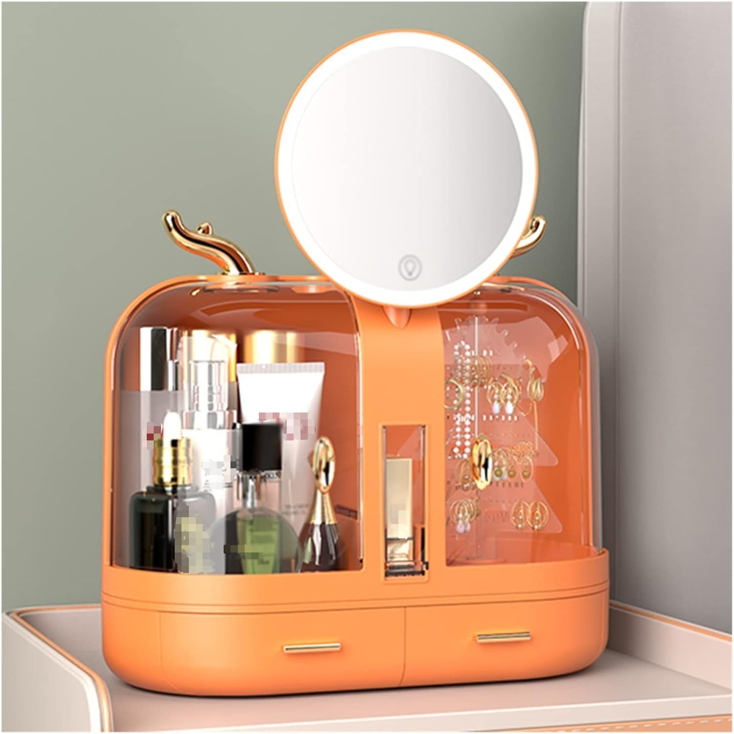 Organizer da scrivania per Trucco con cassetti, Contenitore per Cosmetici da appoggio per Bagno, Camera da Letto e Rossetto (Arancione 38 * 21 * 33,6 cm)