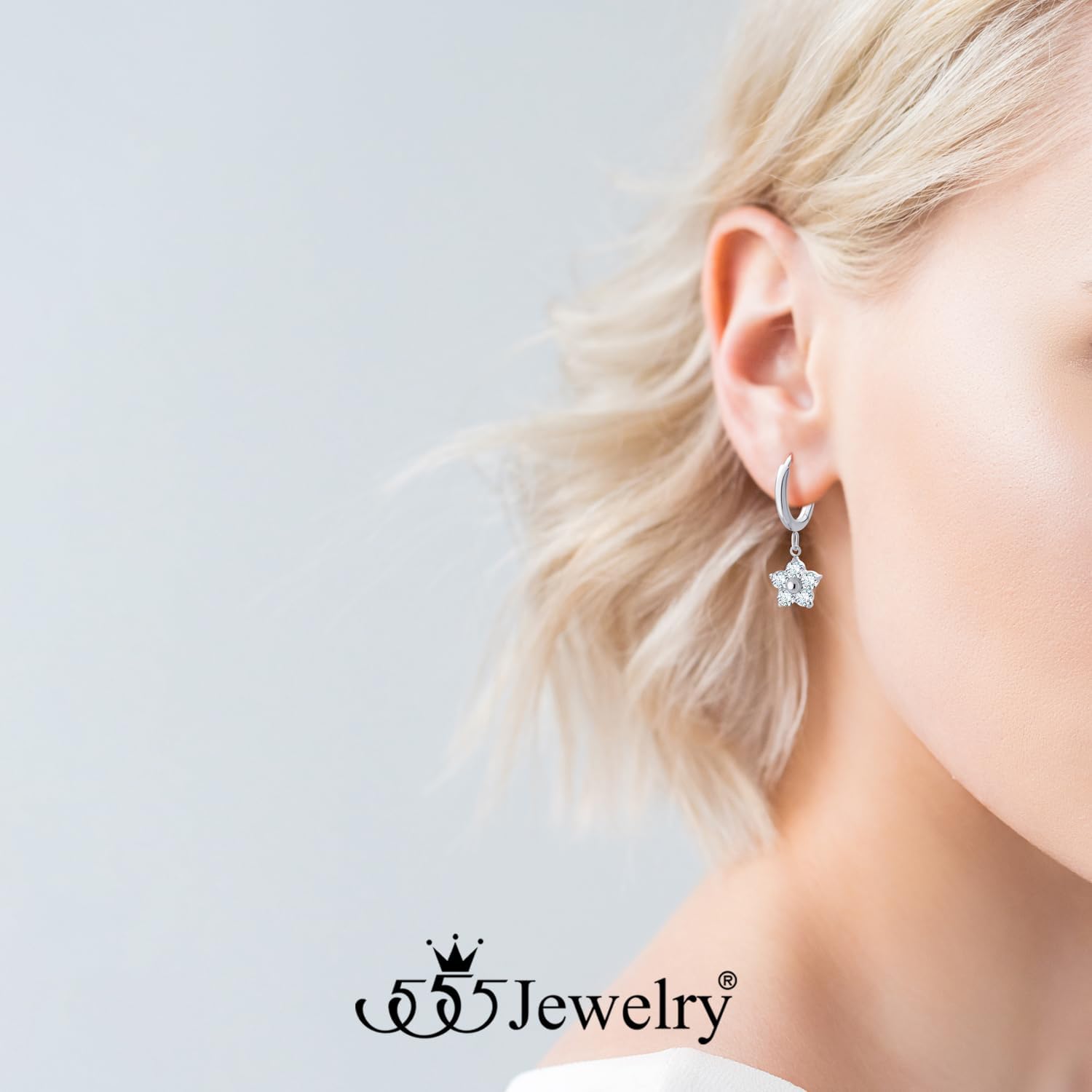 555Jewelry Flower Drop Earrings for Women Cubic Zirconia Stainless Steel Earrings Huggie Hoop Dangle Earrings - Image 2