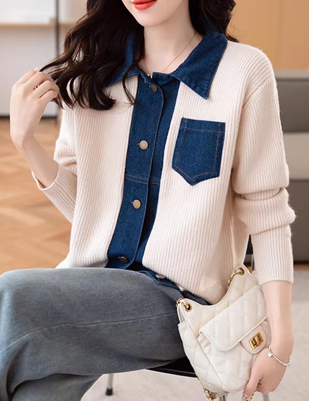 Womens Sweaters Patchwork Denim Sweater Cardigan Long Sleeve Chunky Knit Cardigans Fall Cardigan