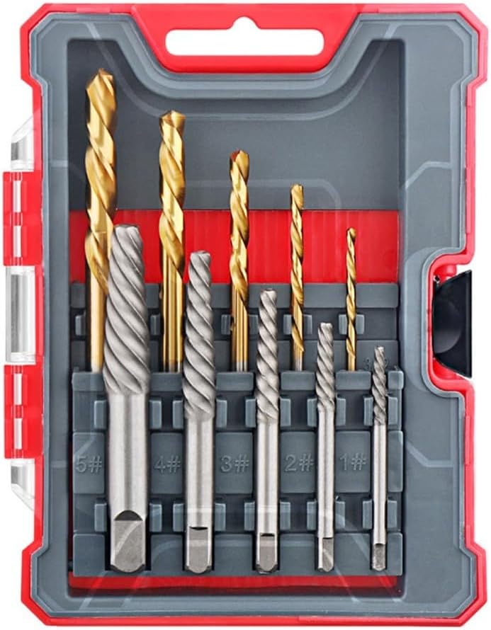 Screw Extractor Set with Spiral Flute Removers & HSS Drill Bits Broken, Damaged, or Stripped Screws – 5-Piece Extractors (1#–5#) + 5-Piece HSS Bits (3/32–5/16)