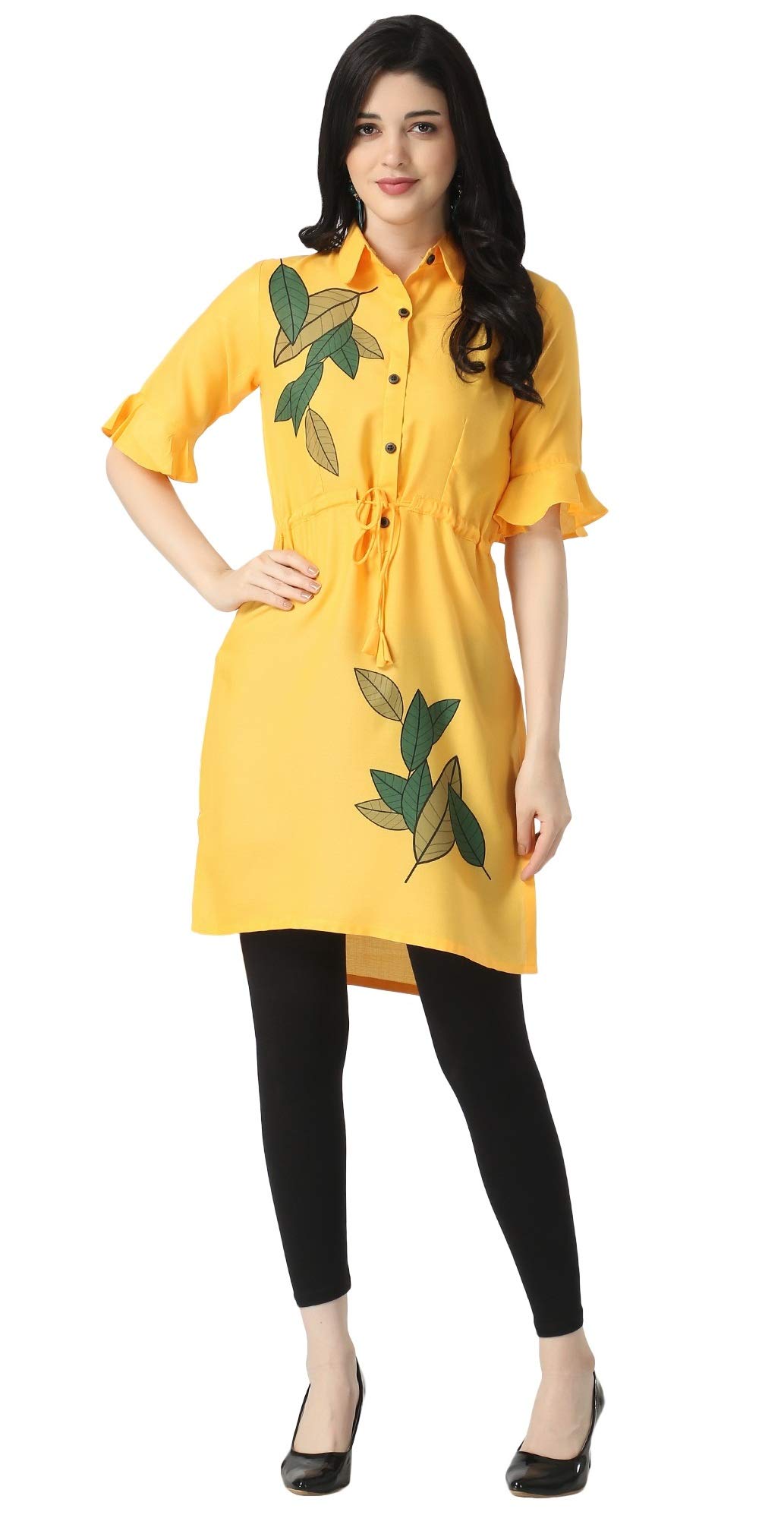 Om Sai Latest Creation Designer Slub Rayon Fully Stitched Straight Kurti For Women & Girls On Jeans Palazzo Or Skirt (Plus Size Upto 2Xl)-(Black) (Yellow, Large)