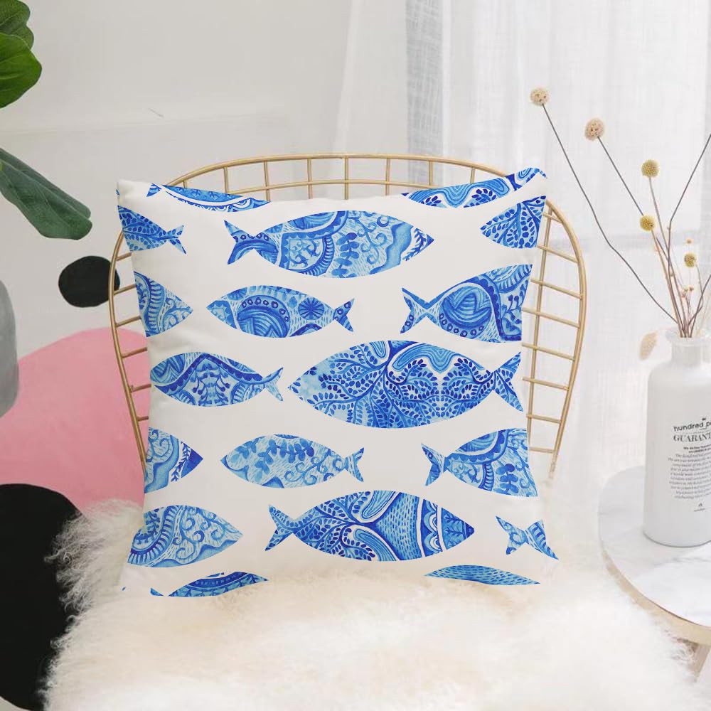 HYMSXW Cushion Cover,Throw Pillow Case Home Decorative for Living Room Bedroom Sofa Chair 20X20 Inch,Fish Figures with Ancient Ottoman Ornate Mosaic Hand Drawn Marine Artwork,Navy,Pillowcase 50X50cm
