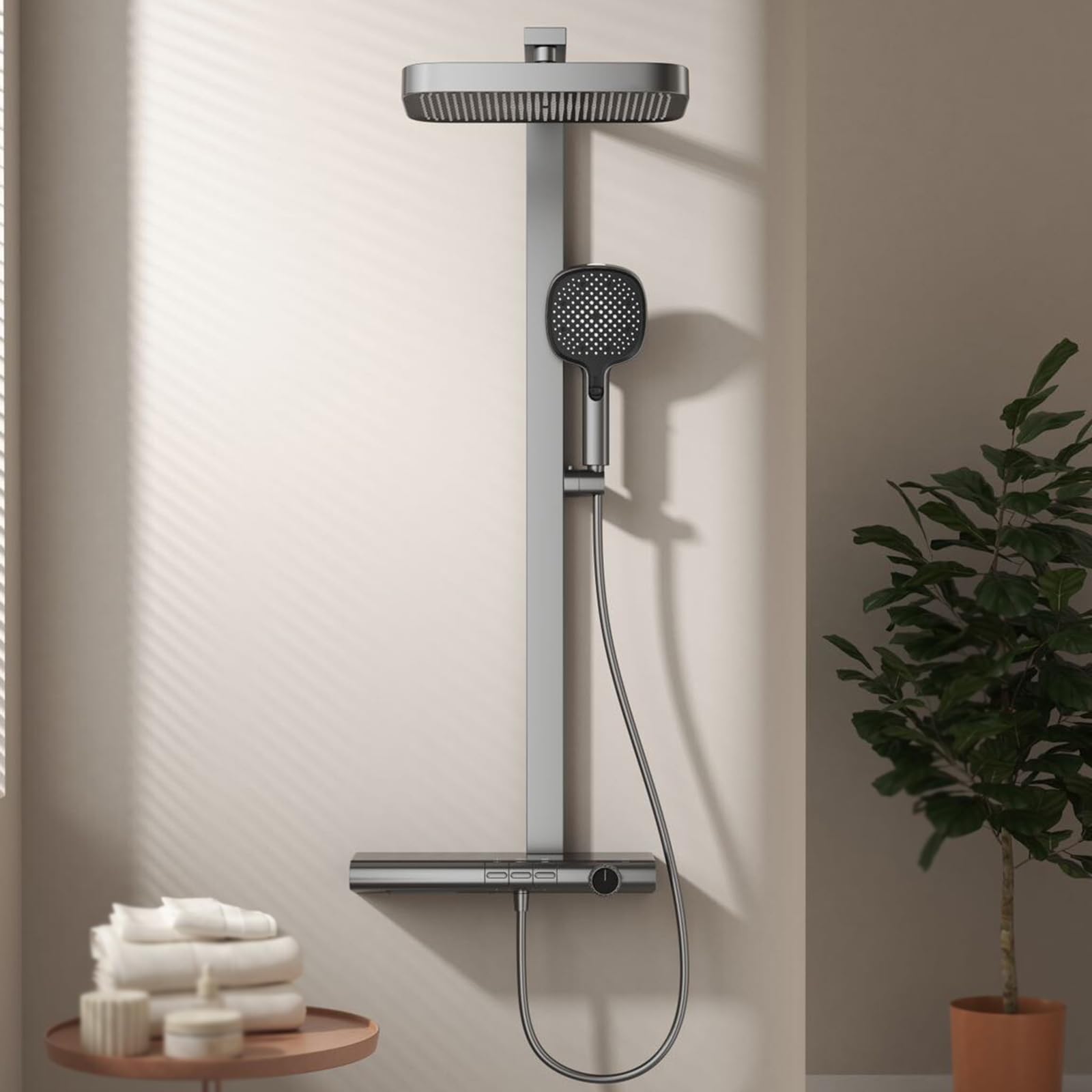Set di soffione doccia quadrato di alta qualità con tubo flessibile da 3 m regolabile per vasca da bagno calda e fredda in ottone con finitura grigia per un'esperienza di bagno simile a una spa