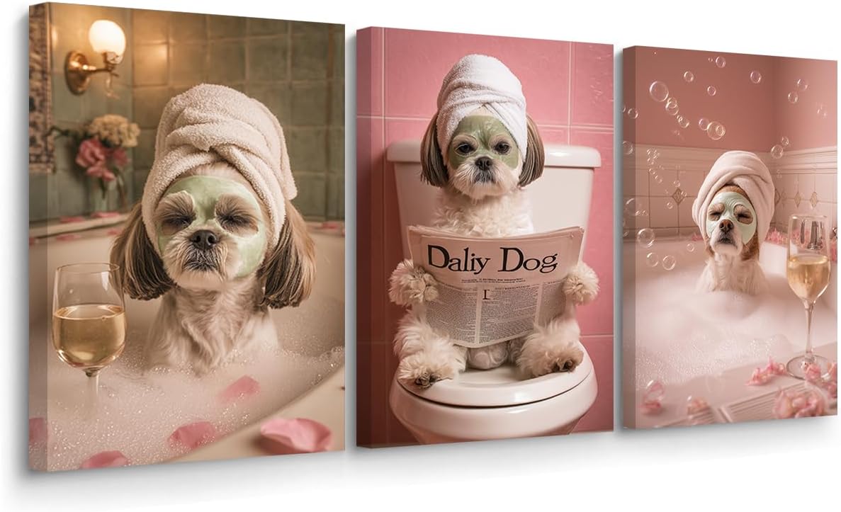 BJYCHG Funny Bathroom Canvas Wall Art Dog Spa Day Art Print 3 Pieces Cute Animal Relaxing Bath with Wine Painting Dog Grooming Poster for Nursery Toilet Decor (Black, 11x14inchx3 Pieces)