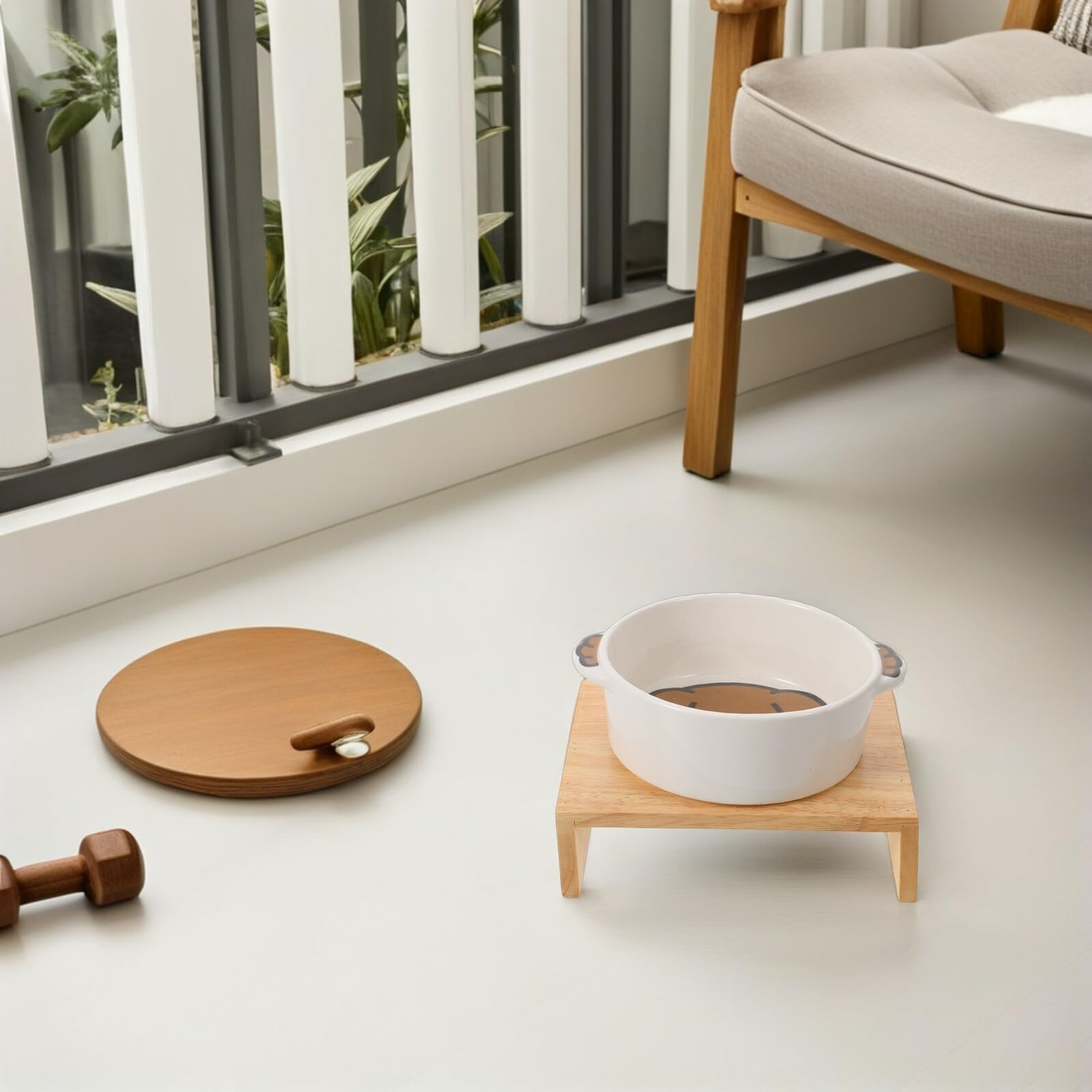 Levemolo Cuenco para Mascotas de Dos Orejas de Cerámica Base de Madera Comedero de Agua para Perros Pequeños y Gatos Plato de Comida Prueba de Derrames Cuenco para Cachorros