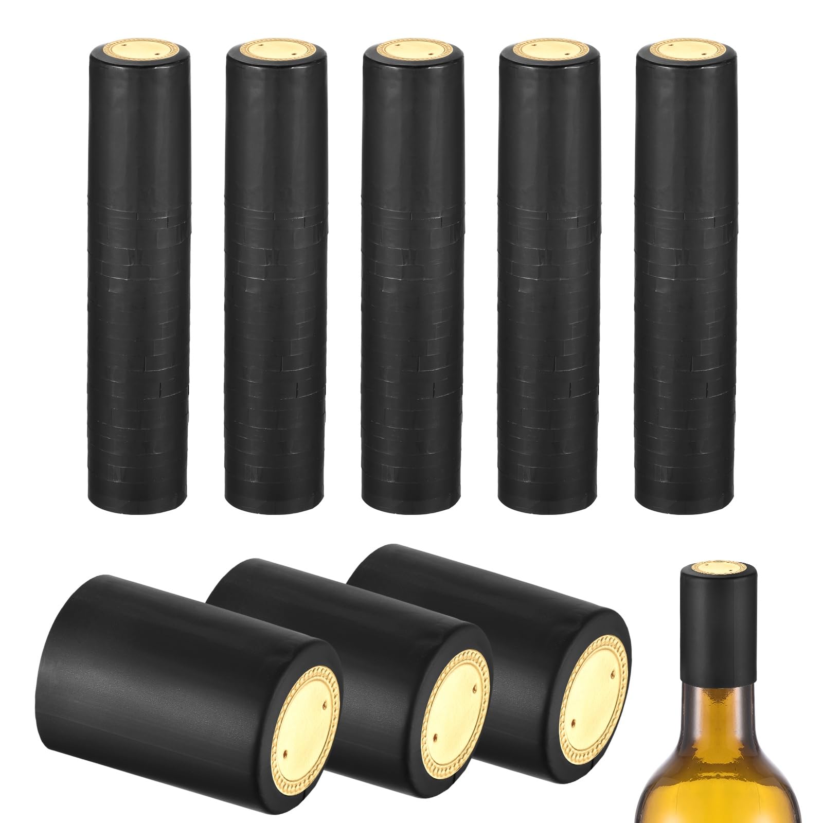 sourcing map 150Pcs PVC Heat Shrink Capsules, 32mm x 45mm Wine Bottle Capsules Shrink Wrap Sleeves Bottle Corks Caps for Wine Making Cellars and Home Kitchen, Gold/Black