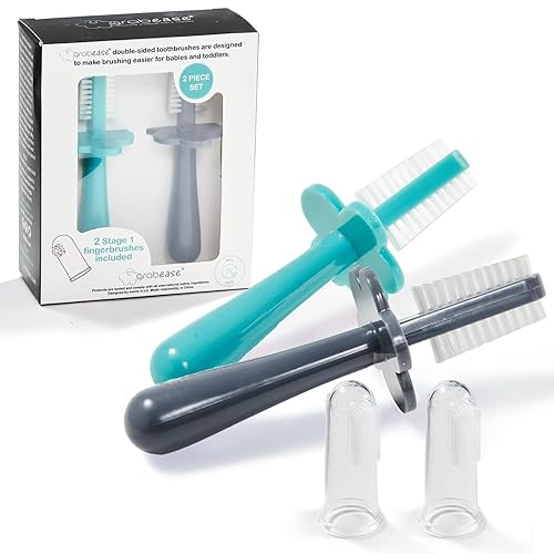 grabease Cepillo de dientes de doble cara para niños pequeños, cepillo de dientes para bebés, sin BPA y sin ftalatos, paquete de 2, verde azulado y