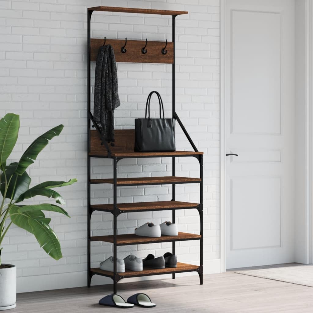 Kleiderständer mit Schuhablage Braun Eiche-Optik Holzwerkstoff Metall 70x34x184 cm freistehend stabil platzsparend für Schlafzimmer Flur Wohnzimmer mit Rollen und Haken