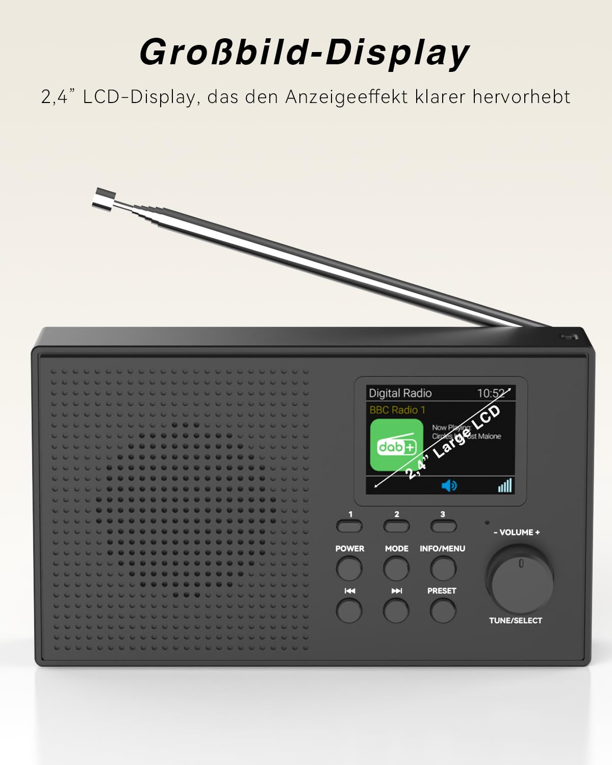 Tragbarer DAB DAB+ Radio mit Bluetooth FM USB/TF Player 2,4" Farbdisplay | 80 Voreinstellungen, 2000mAh Akkubetrieb für 12 Stunden Spielzeit, Unterstützung MicroSD/TF/AUX Anschluss, Alarmfunktionen