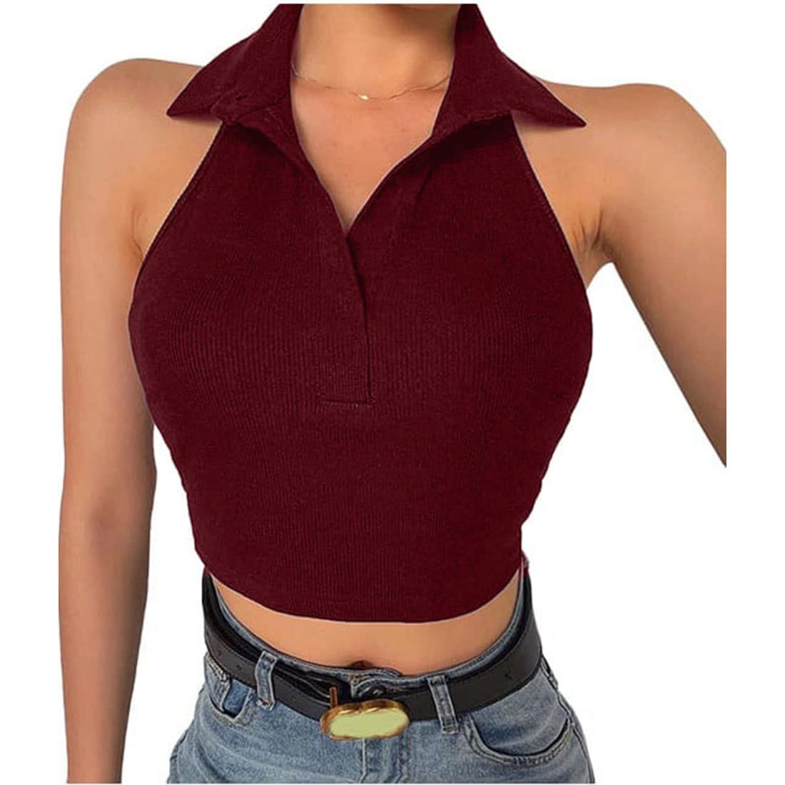 glare & blair Ribbed Polo Collar Tank Top Stylish Sleeveless Halter Neck Crop Top for Women-picture-44