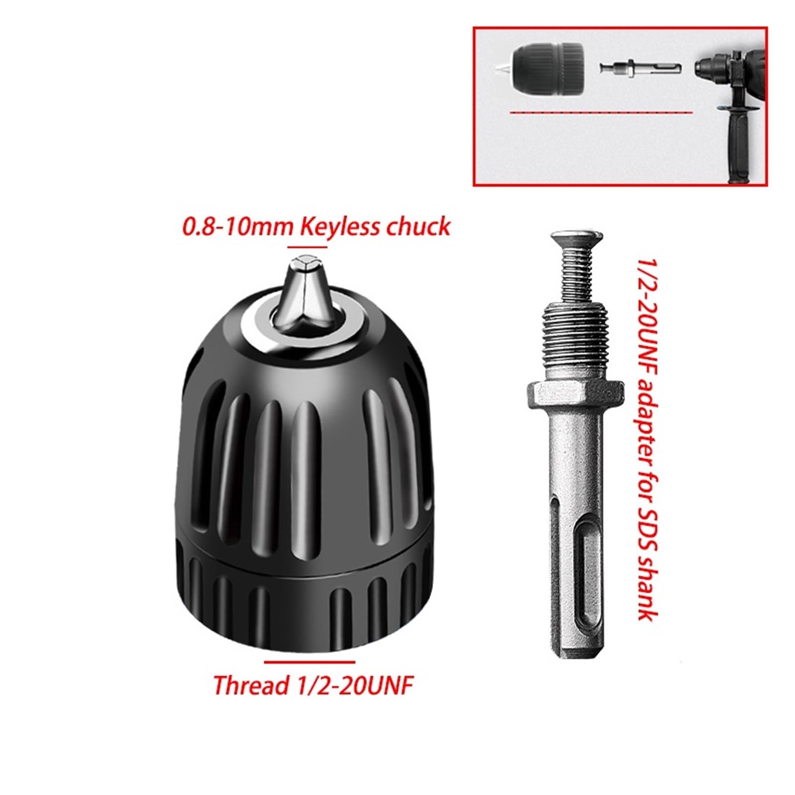 Adapter SDS-PLUS z uchwytem wiertarskim o średnicy 10 mm, 13 mm i 16 mm do zastosowania w młotku elektrycznym. Z gwintem: 1/2-20UNF(10mm Keyless Chuck)