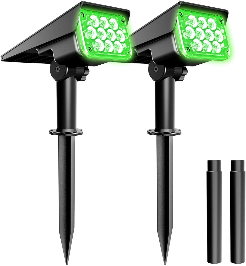 T-SUNUS Green Solar Spot Lights Outdoor Waterproof IP65, Landscape Spotlights 2 Modes Dusk to Dawn for Accent Uplighting Christmas Halloween St. Patrick’s Day Tree Yard Statue Graveyard Driveway Flag