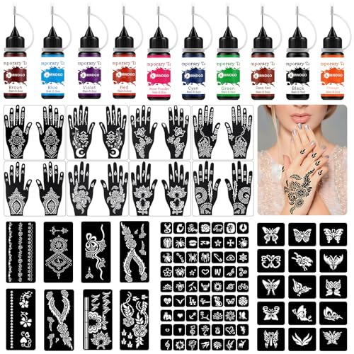 Kit Tatouage Ephemere Creatif Contient 10 Couleurs de Tatouages, 8 Paires Pochoir Main et 86 Pochoir Coole de Tailles Variées, Tatouage Temporaire pour Idée...