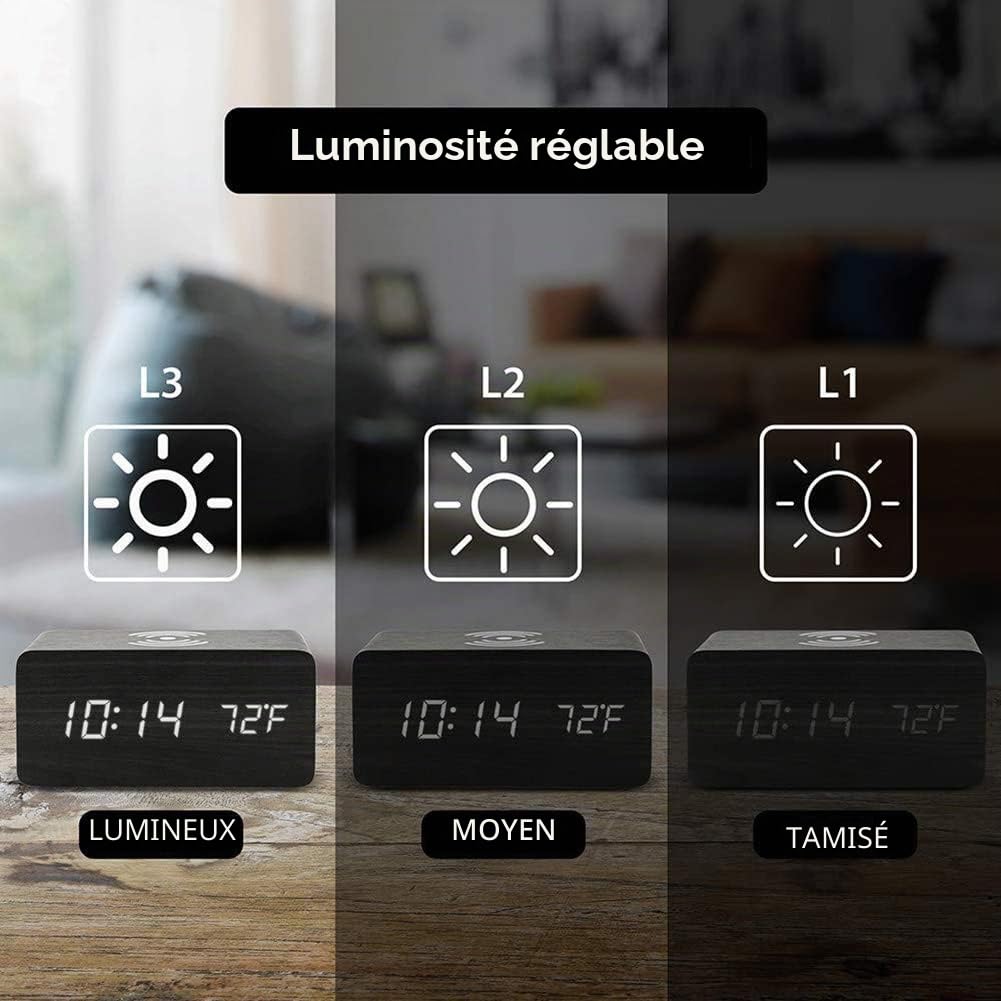 SPORTARC Réveil sans fil avec affichage LED à intensité variable – Double réveil silencieux avec chargeur USB