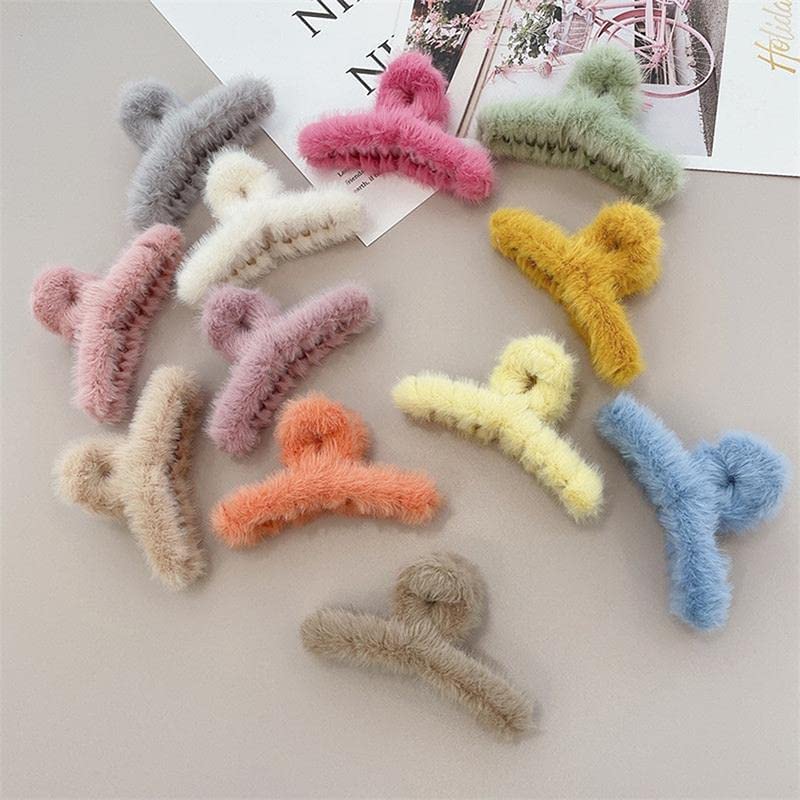 HKD Sales Pack of 2 Pices Soft Faux Fleece Fur S Curve Large Hair Clutcher,Hair Clips Claw,Hair Accessories, Random Color For Women & Girls