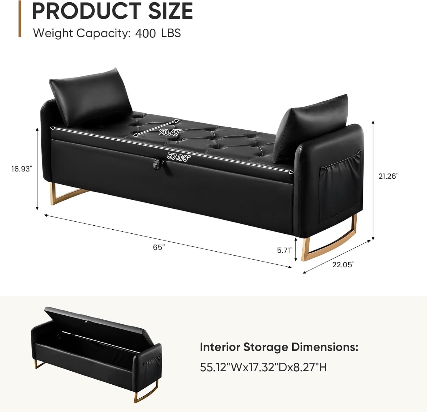 65" Storage Bench for Bedroom, End of Bed Storage Bench King Size for Foot of Bed with Tufted Button and Gold Legs, Upholstered Faux Leather Window Ottoman Benches with Armrests, Black