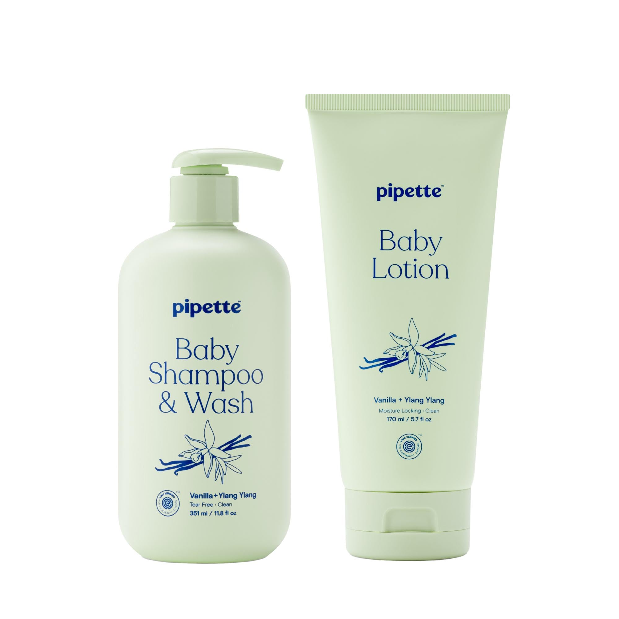 Pipette Vanilla + Ylang Ylang Baby Shampoo + Wash and Baby Lotion Duo, Tear-Free Bath Time, Sulfate and Paraben-Free, Made for Sensitive Skin, Hypoallergenic, Non-Toxic (Pack of 2)