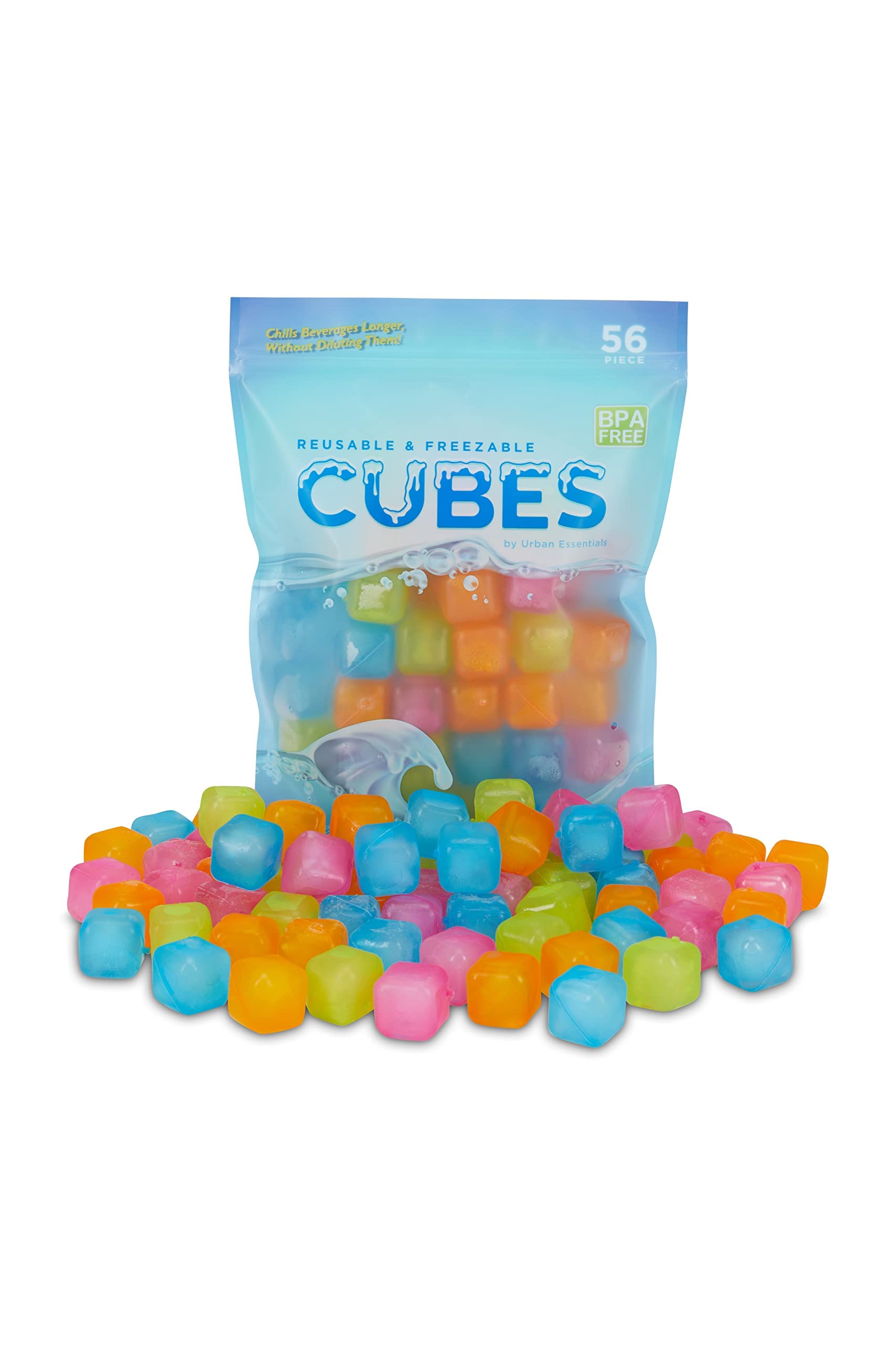 Urban Essentials Reusable Ice Cubes - Quick Freeze NEON Colorful Plastic Square Ice cubes With Resealable Bag Pack Of 56