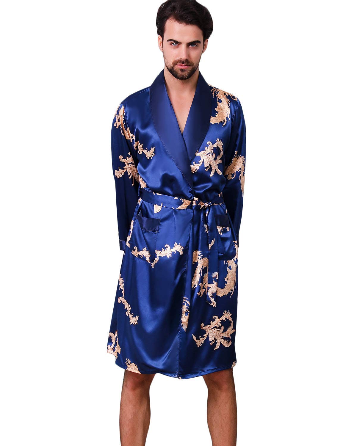 Men's Satin Robe Dragon Luxurious Silk Spa Long Sleeve House Kimono Bathrobe