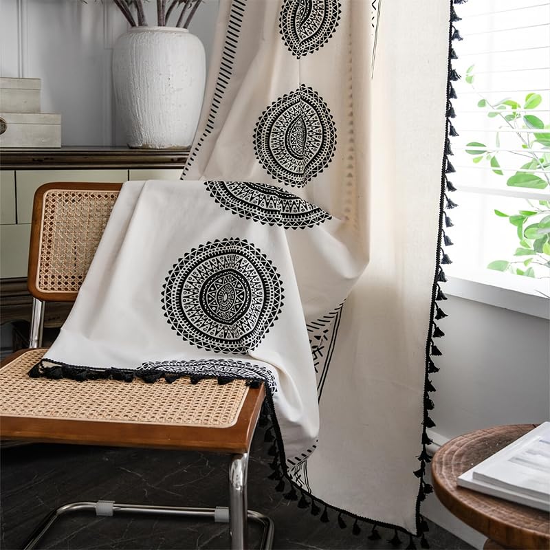 USTIDE Bohemian Cotton Linen Curtains Geometric Semi-Blackout Darkening Curtain Panel with Tassels for Living Room Bedroom Kitchen Bay Window Rod Pocket 1 Pack 150x 160cm - Image 4